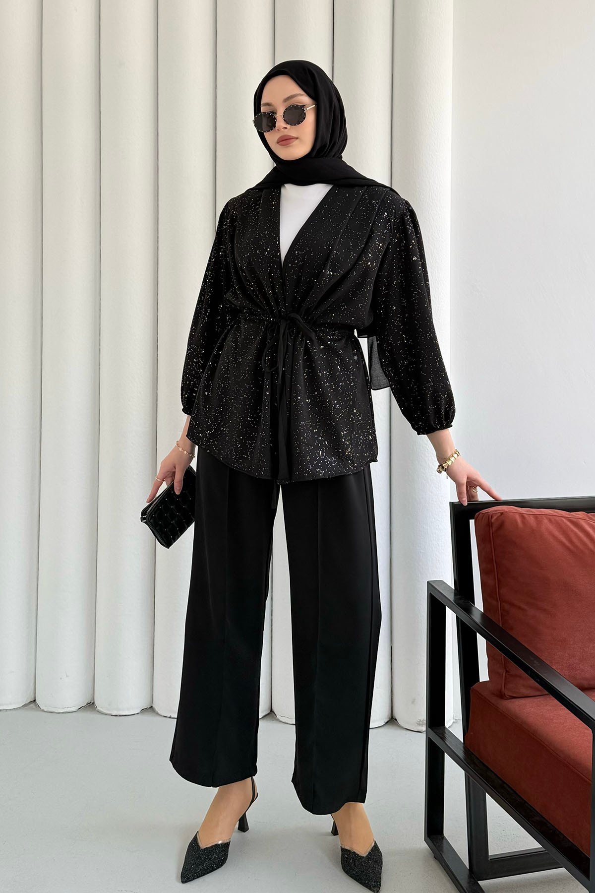 Serpme Taş İp Bağçıklı Kimono Tesettür Takım-SİYAH