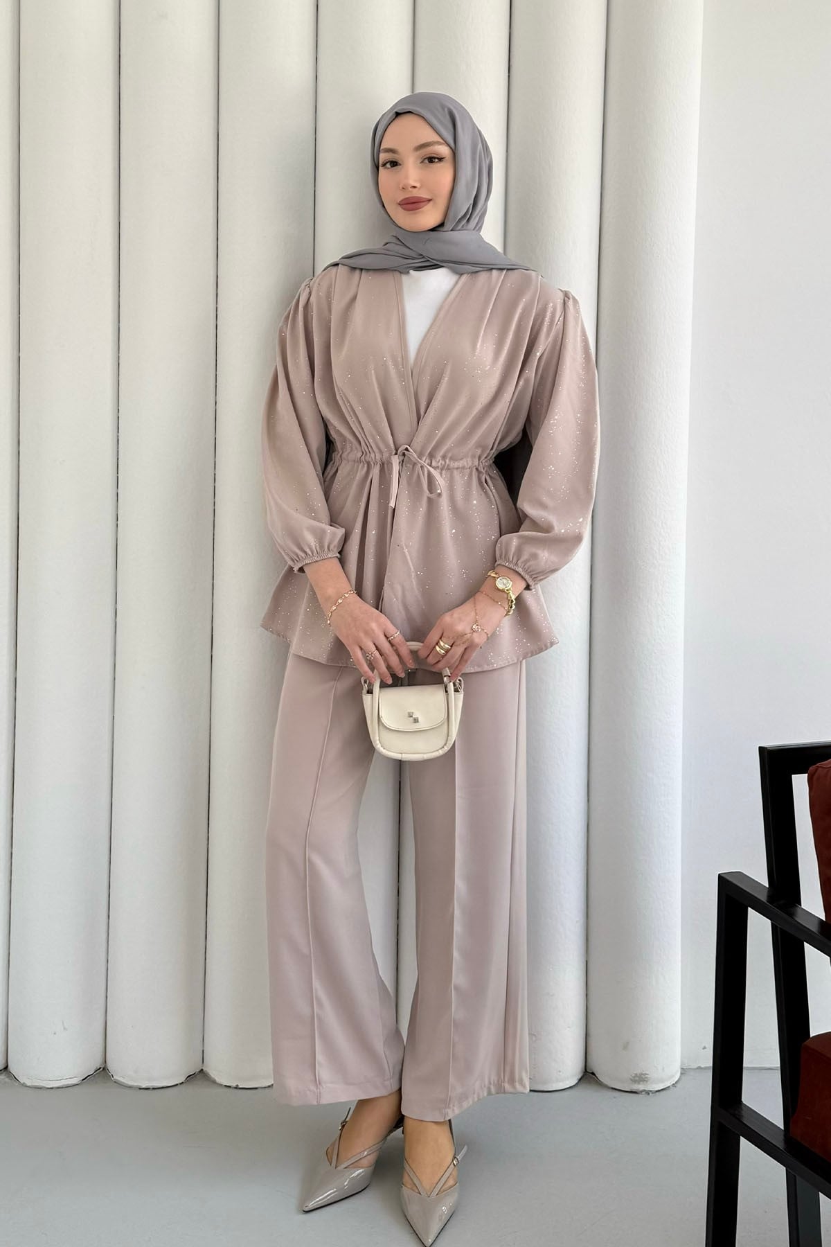 Serpme Taş İp Bağçıklı Kimono Tesettür Takım-TAŞ
