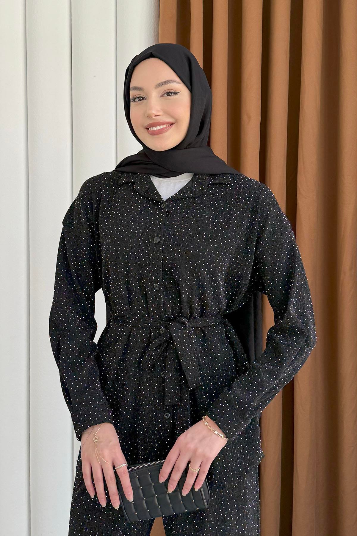Simli Taş Detaylı Işıltılı Tesettür Takım-SİYAH