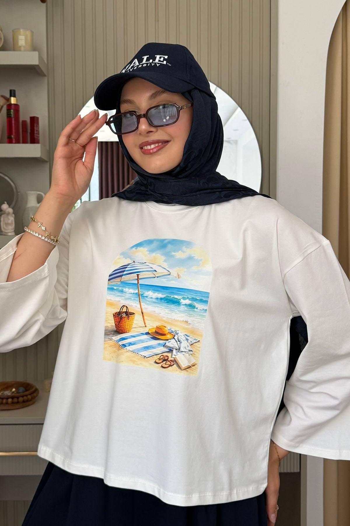 Summer Baskılı Oversize Bluz-BEYAZ
