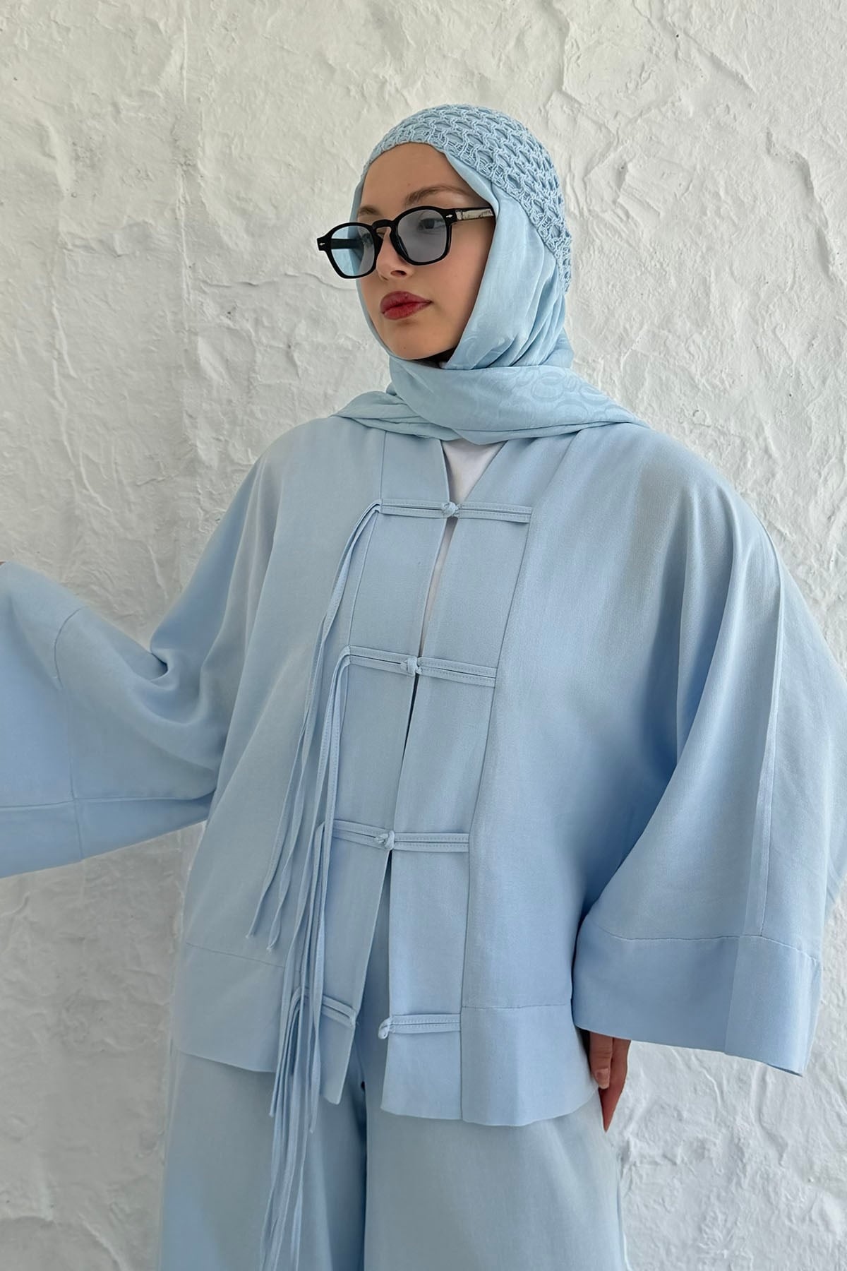 Süslü Düğmeli Keten Kumaş Pantolon Tesettür Takım-BEBE MAVİ