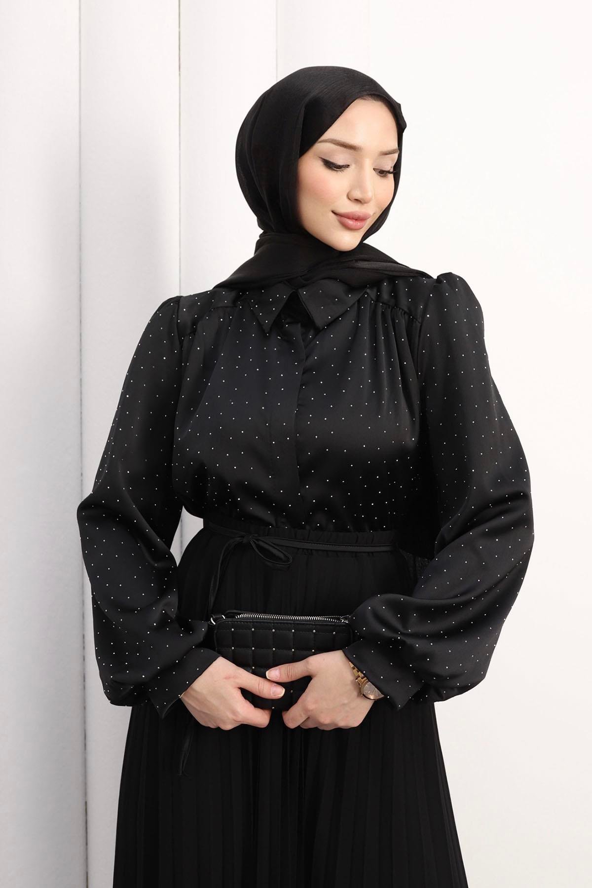 Taş Serpmeli Saten Gömlek-SİYAH