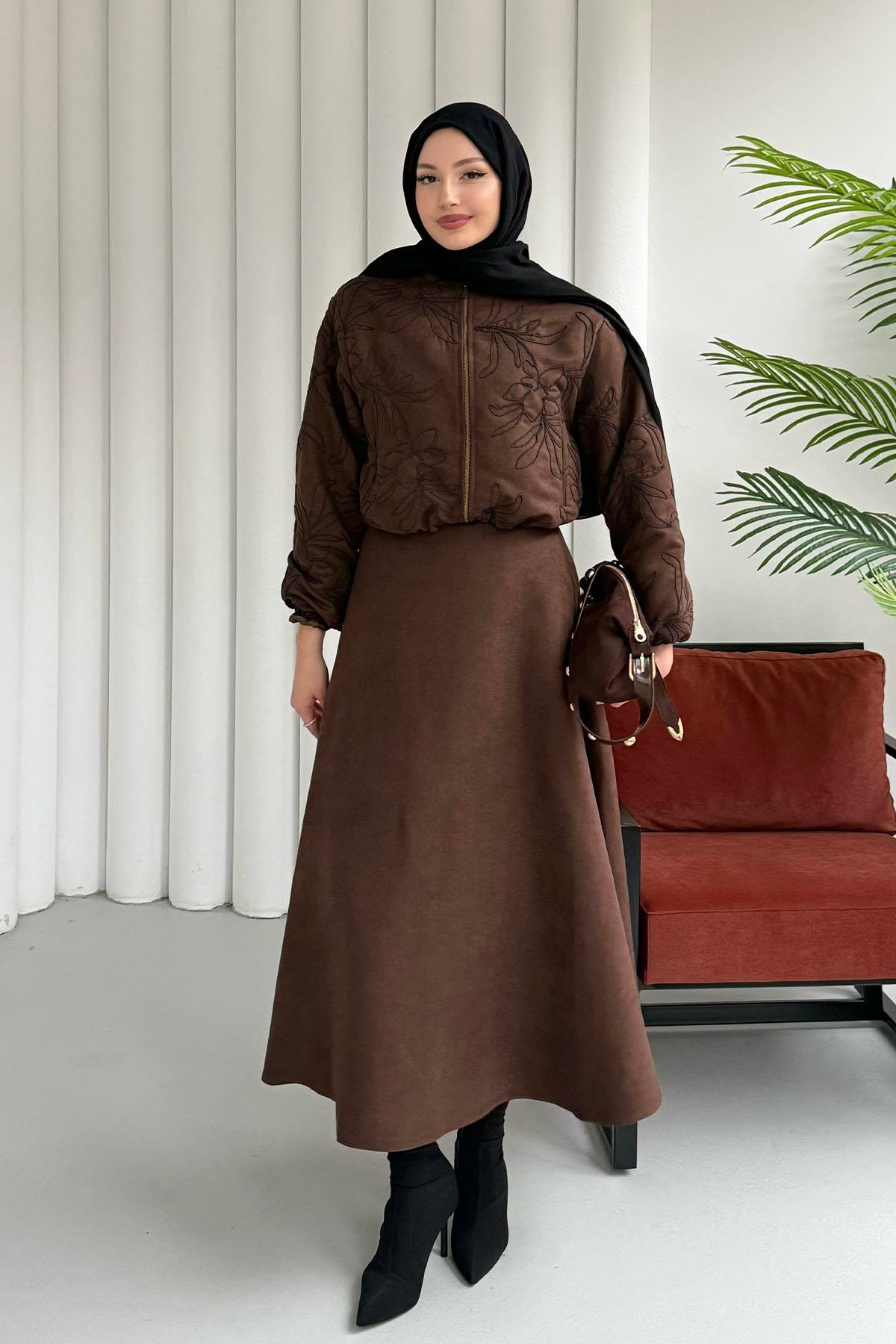 Tasarım Dantel Detaylı Fermuarlı Ceketli Tesettür Takım-ACI KAHVE