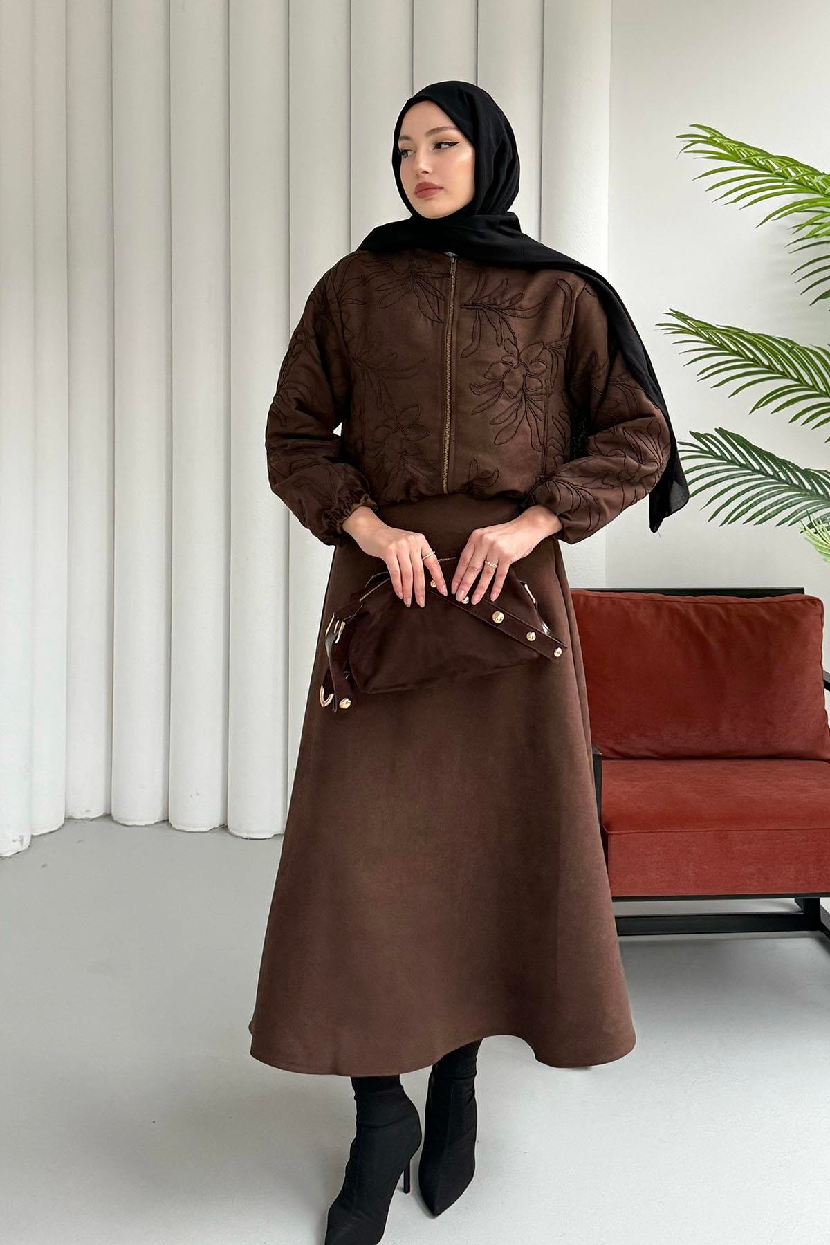 Tasarım Dantel Detaylı Fermuarlı Ceketli Tesettür Takım-ACI KAHVE