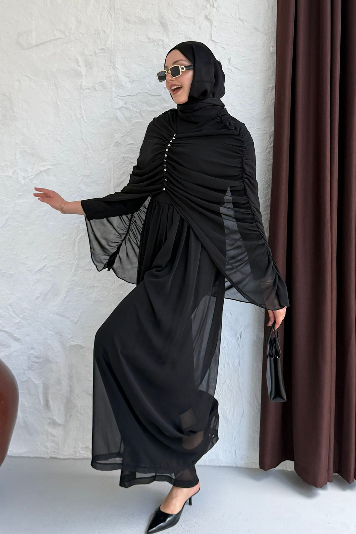 Taşlı Büzgü Detaylı Şifon Tulum-SİYAH