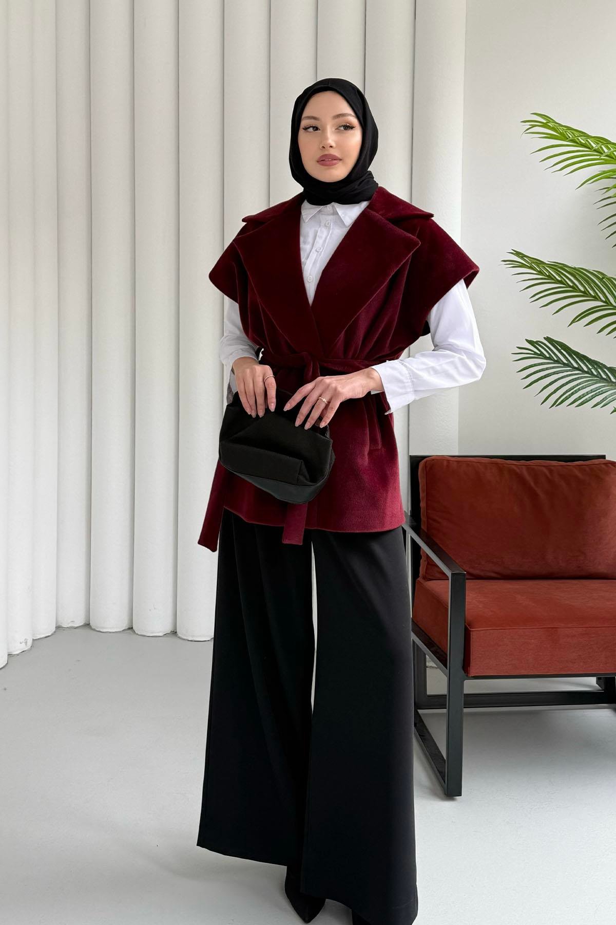 Tay Tüylü Seyyar Kuşaklı Astarlı Yelek-BORDO