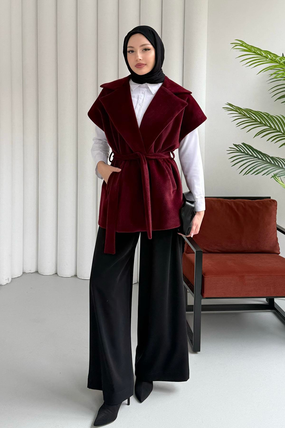 Tay Tüylü Seyyar Kuşaklı Astarlı Yelek-BORDO