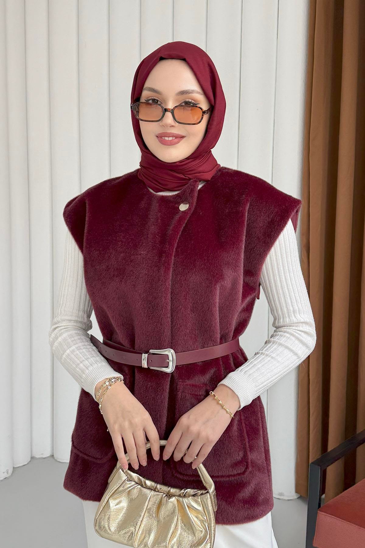 Tek Düğme Detaylı Polarlı Yelek-BORDO