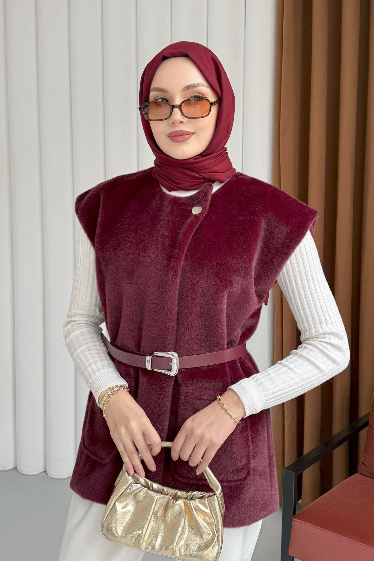 Tek Düğme Detaylı Polarlı Yelek-BORDO