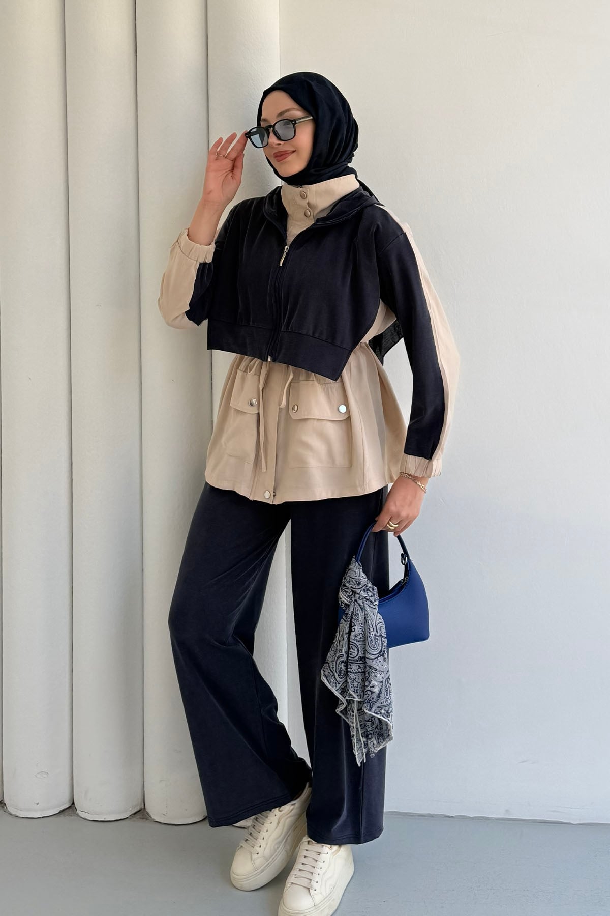 Tencel Kumaş Pantolonlu Üçlü Tesettür Takım-LACİVERT