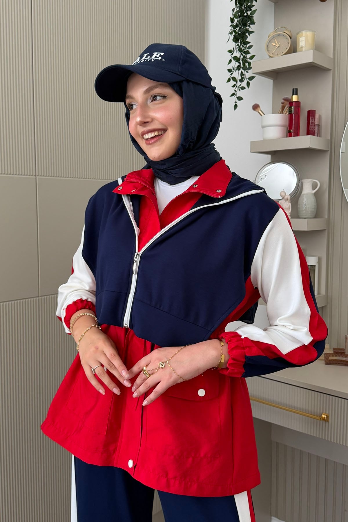 Tencel Kumaş Pantolonlu Üçlü Tesettür Takım-KIRMIZI