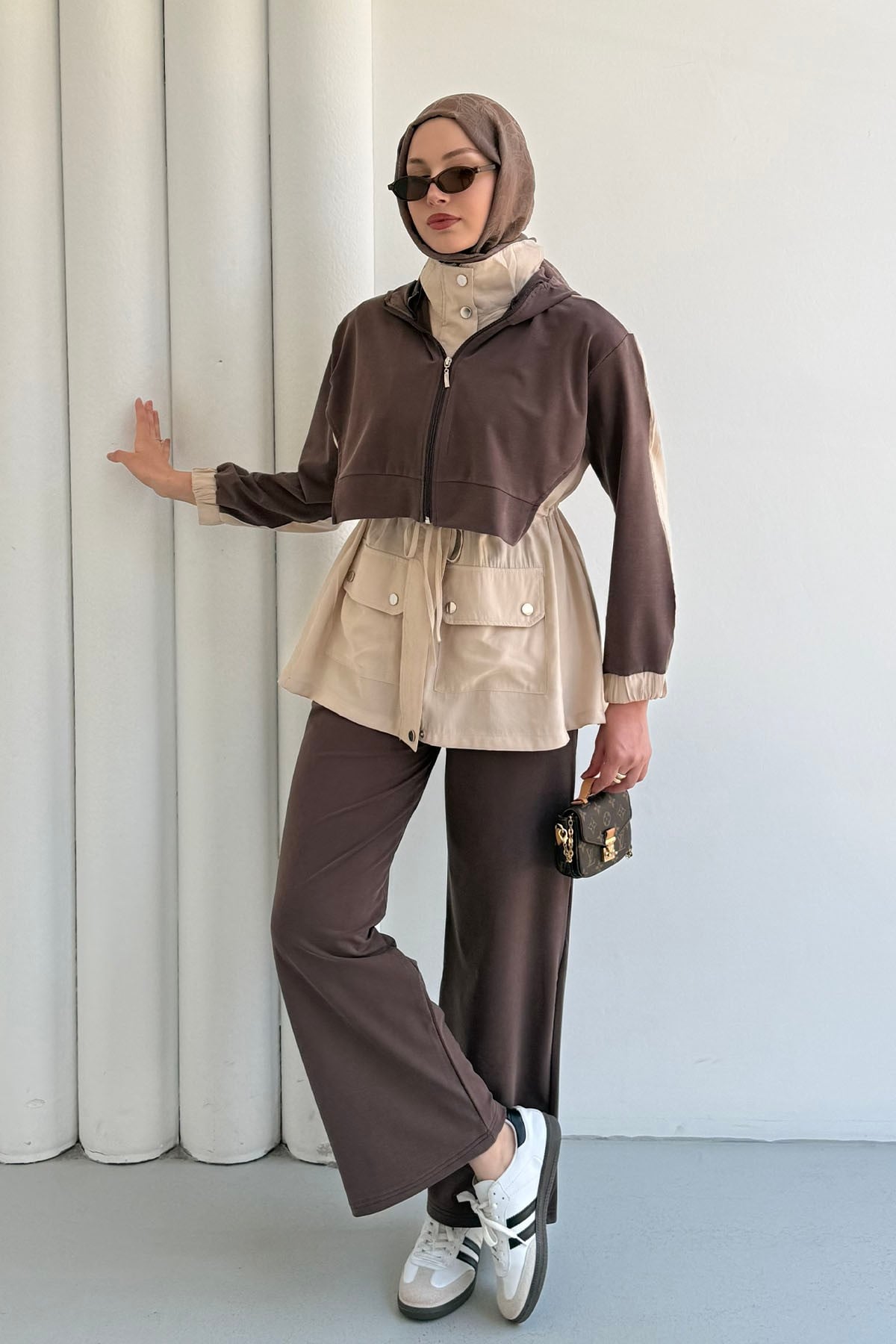 Tencel Kumaş Pantolonlu Üçlü Tesettür Takım-KAHVERENGİ