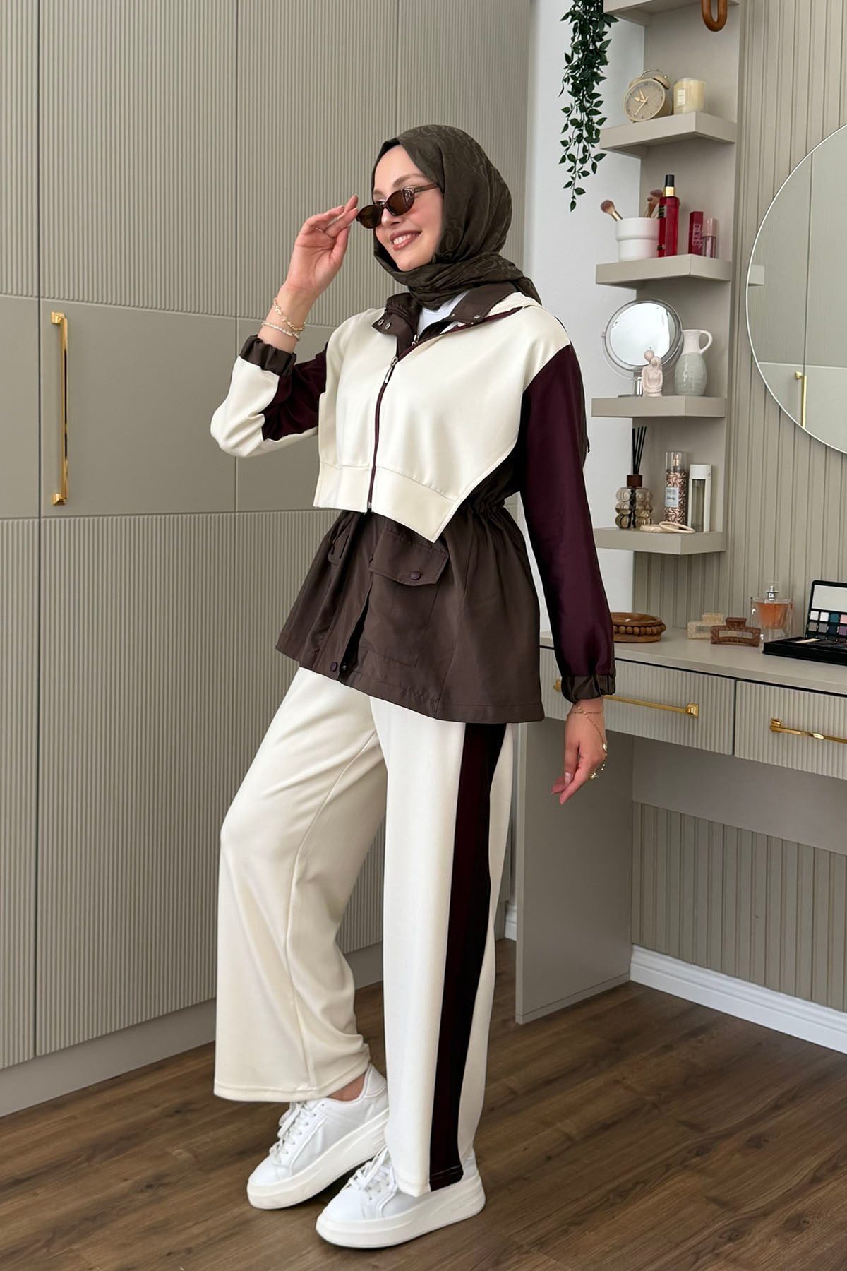 Tencel Kumaş Pantolonlu Üçlü Tesettür Takım-EKRU