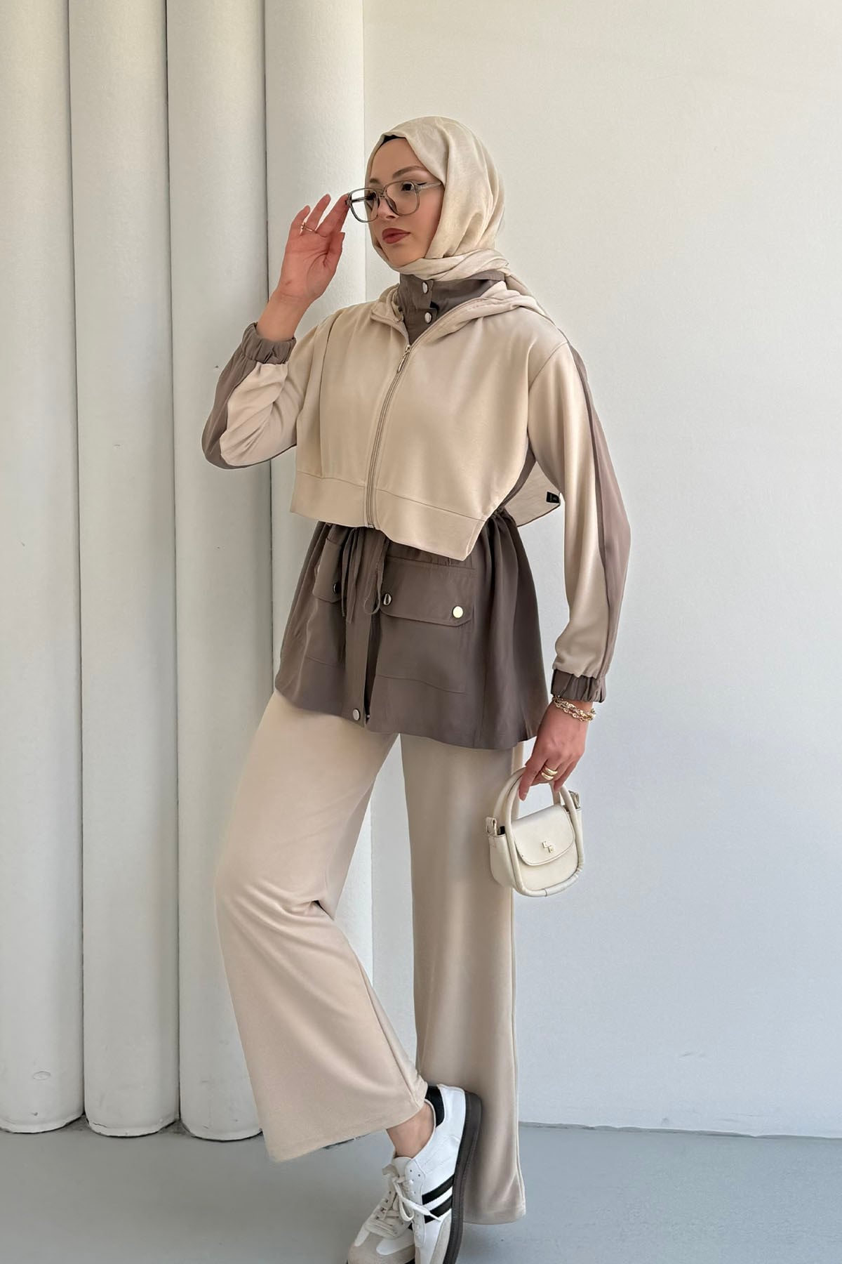 Tencel Kumaş Pantolonlu Üçlü Tesettür Takım-TAŞ