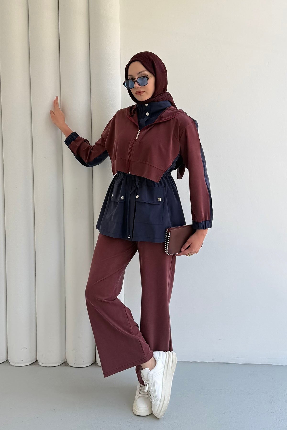 Tencel Kumaş Pantolonlu Üçlü Tesettür Takım-BORDO