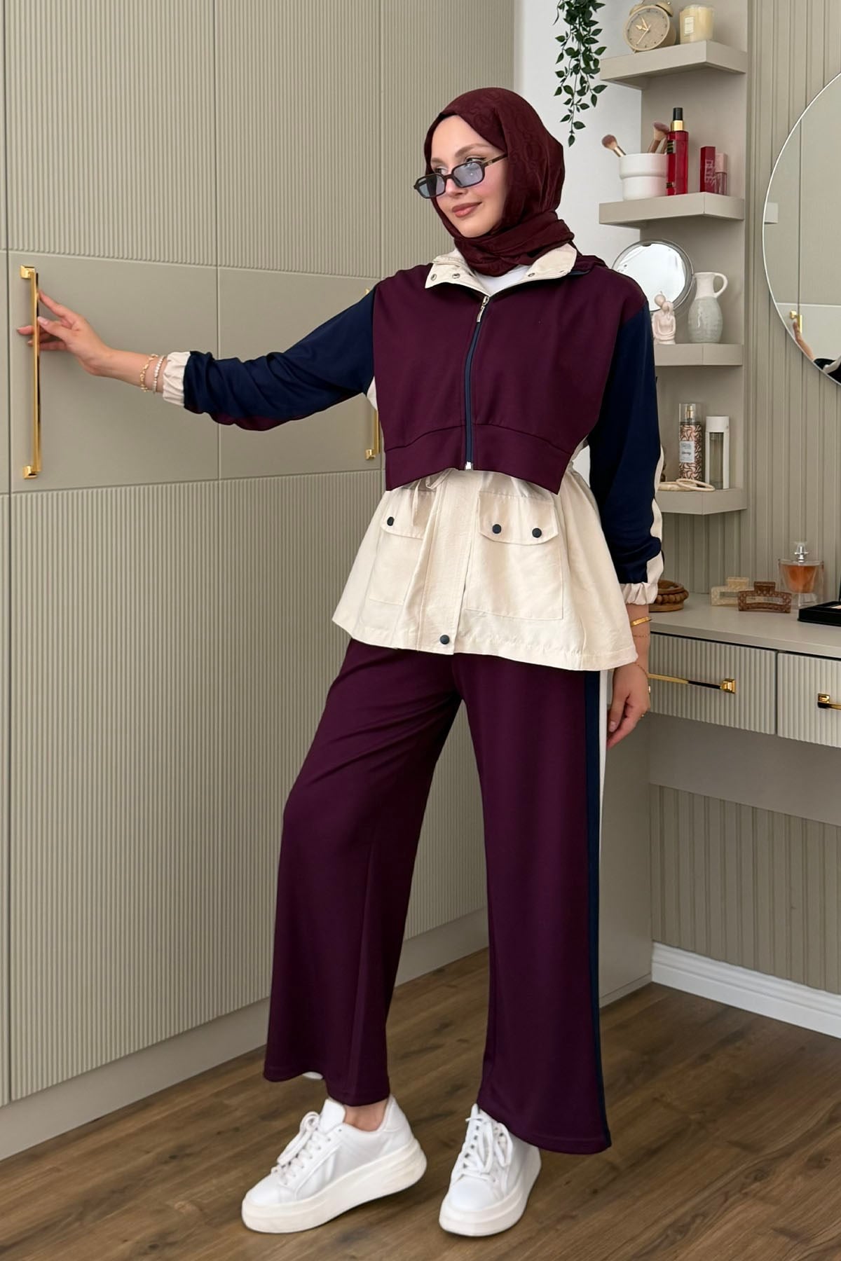 Tencel Kumaş Pantolonlu Üçlü Tesettür Takım-VİŞNE RENGİ