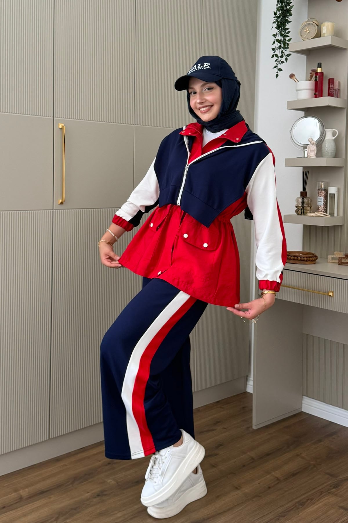 Tencel Kumaş Pantolonlu Üçlü Tesettür Takım-KIRMIZI