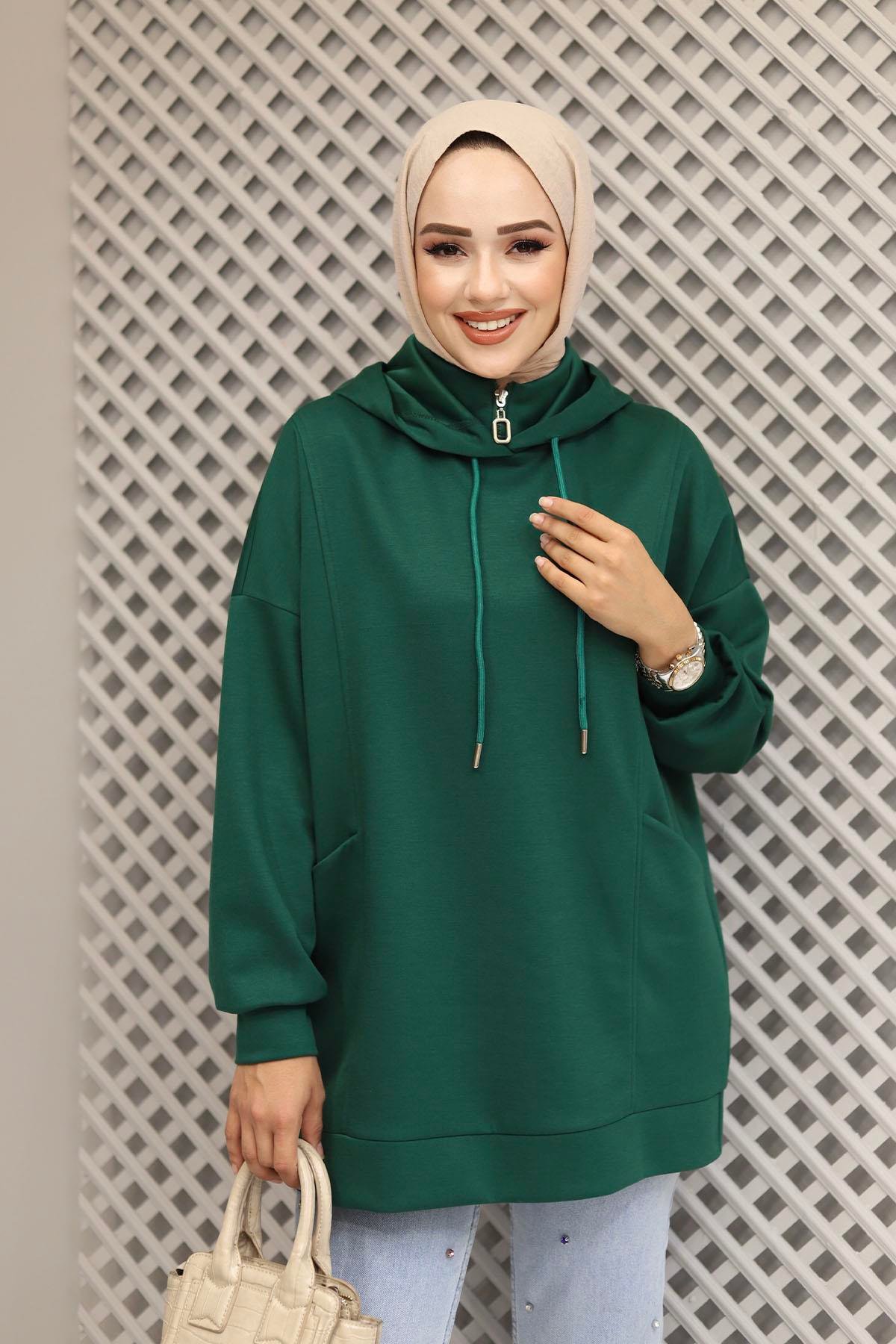Torba Cep Detaylı Kapüşonlu Sweatshirt-ZÜMRÜT YEŞİL