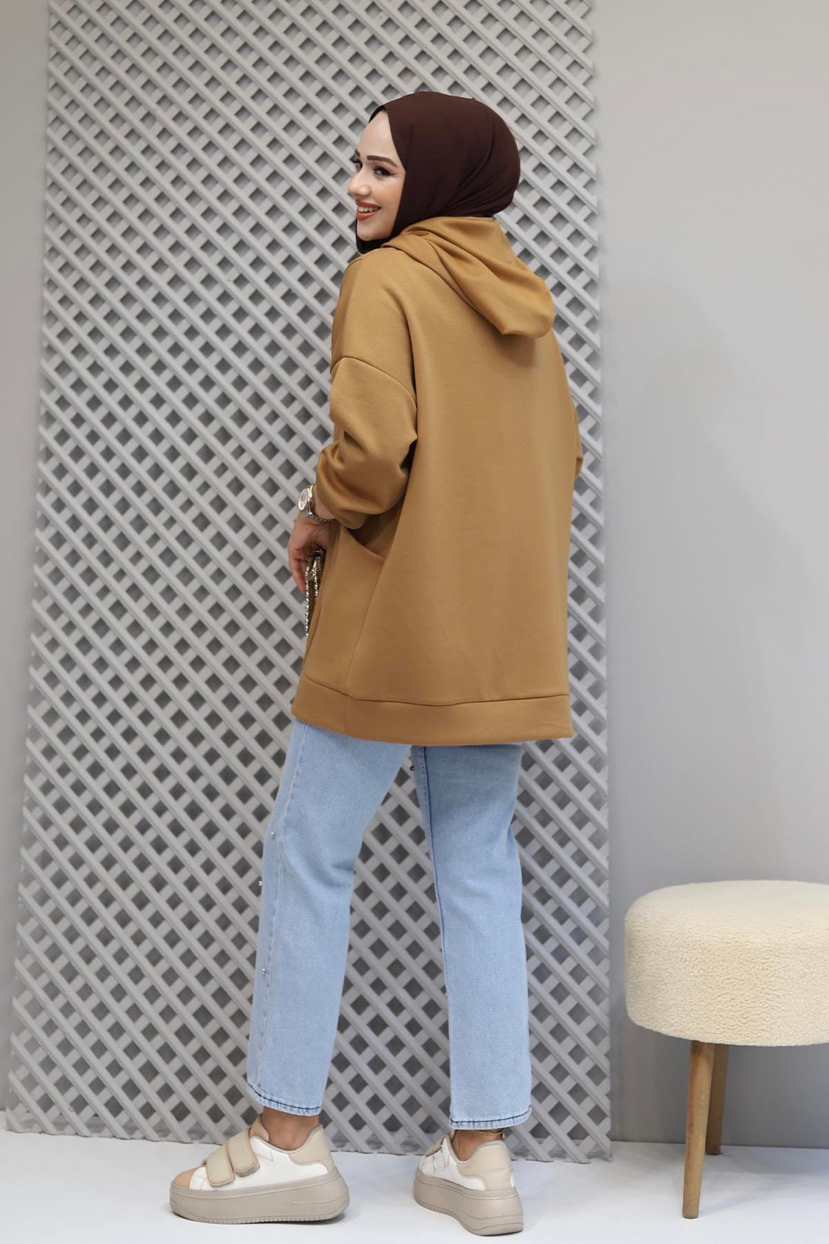 Torba Cep Detaylı Kapüşonlu Sweatshirt-LATTE