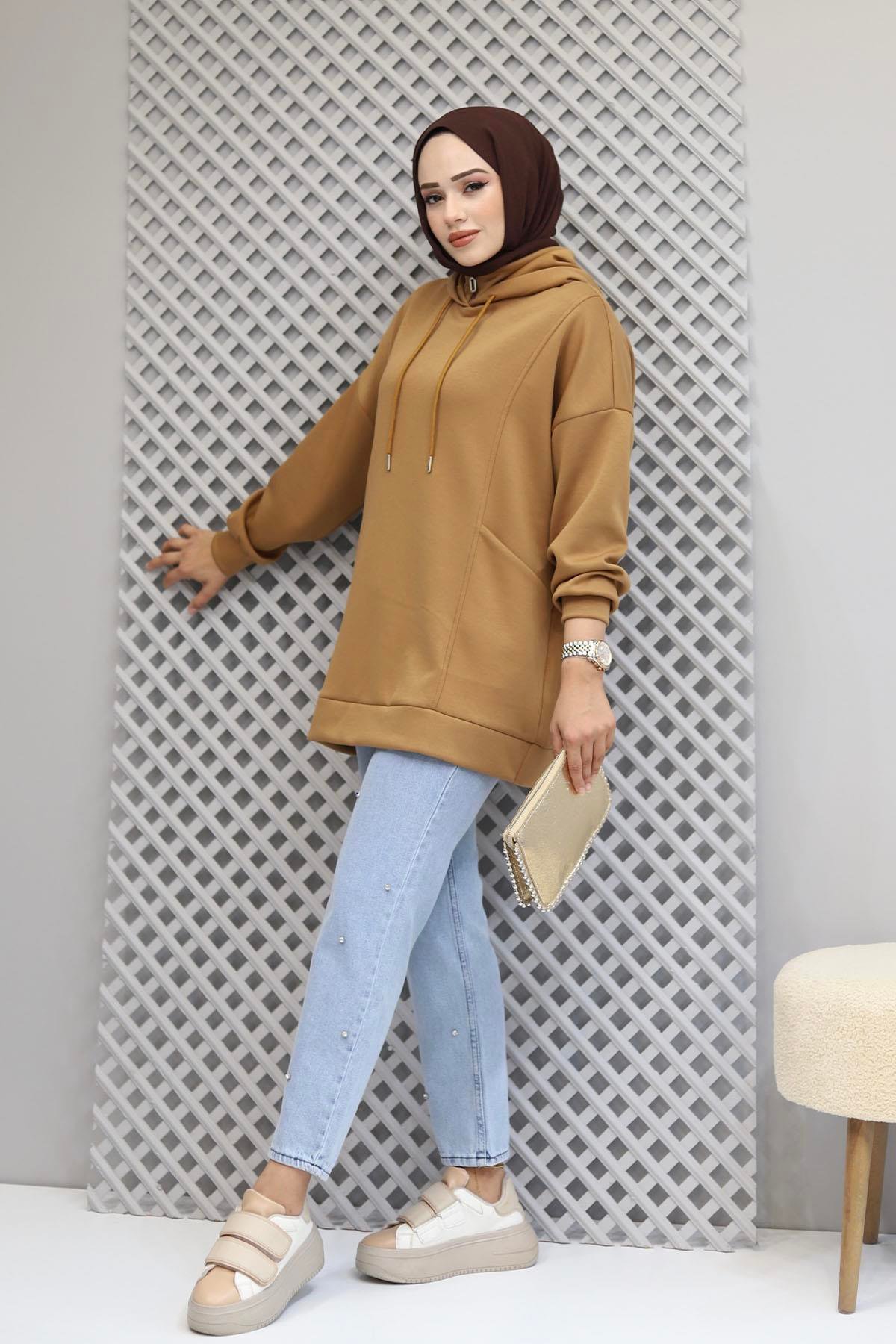 Torba Cep Detaylı Kapüşonlu Sweatshirt-LATTE