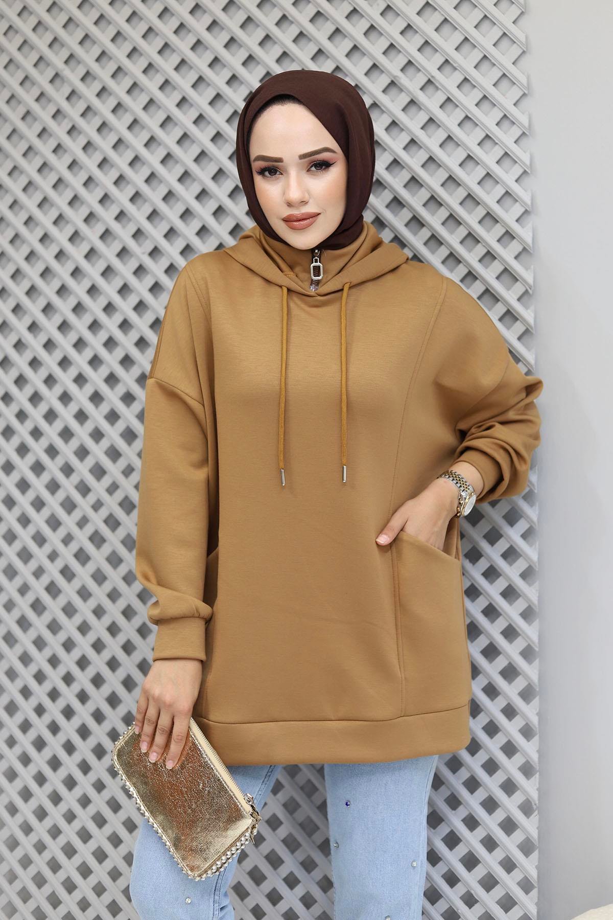 Torba Cep Detaylı Kapüşonlu Sweatshirt-LATTE