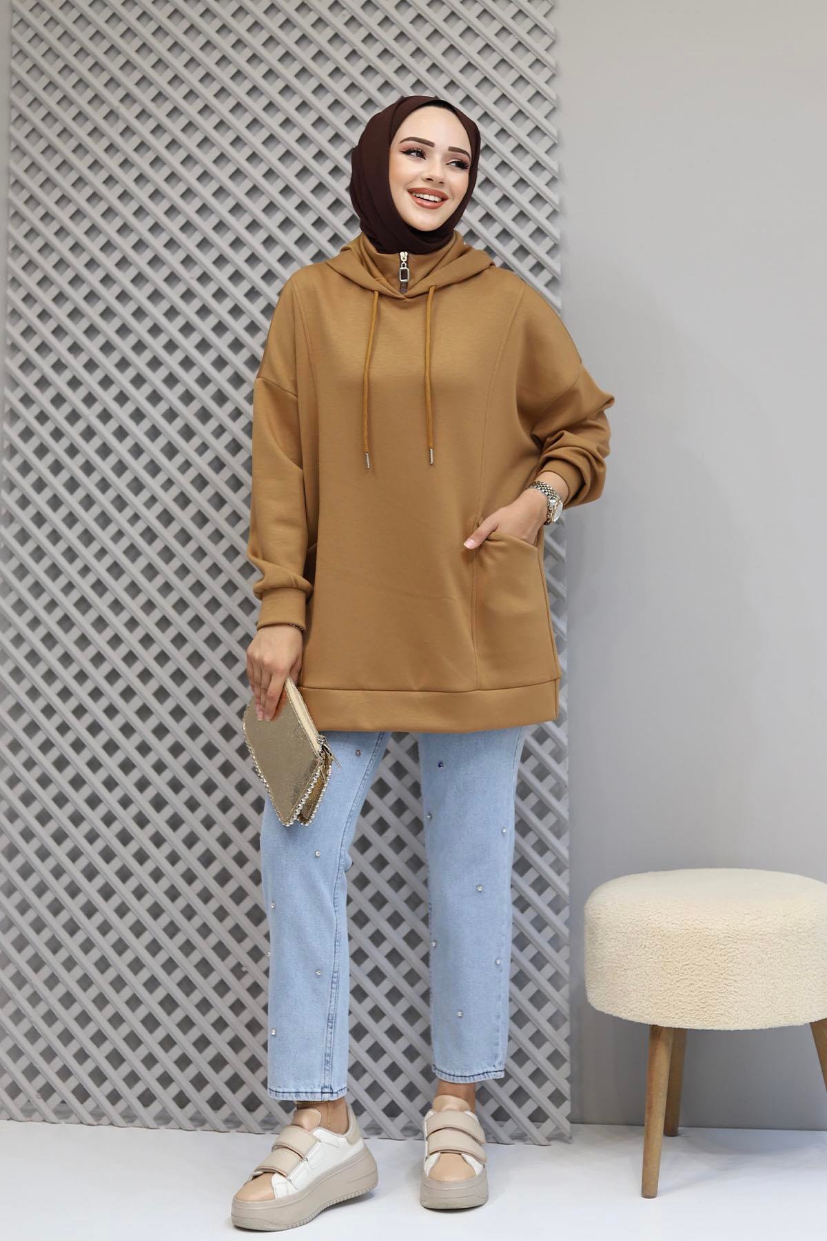 Torba Cep Detaylı Kapüşonlu Sweatshirt-LATTE