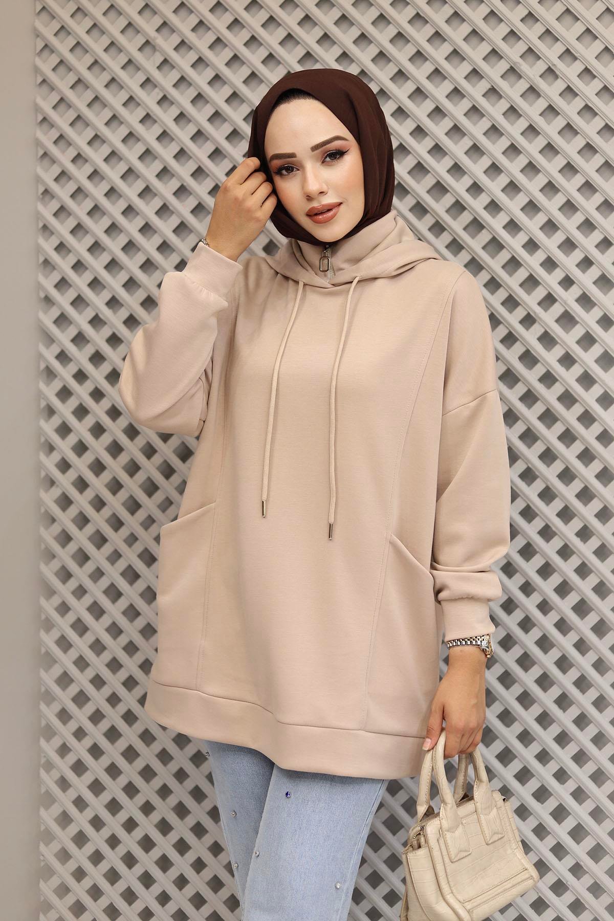 Torba Cep Detaylı Kapüşonlu Sweatshirt-TAŞ
