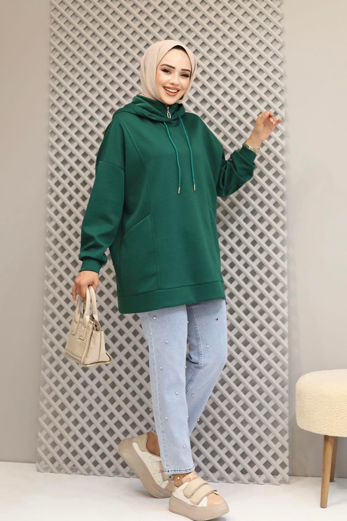 Torba Cep Detaylı Kapüşonlu Sweatshirt-ZÜMRÜT YEŞİL