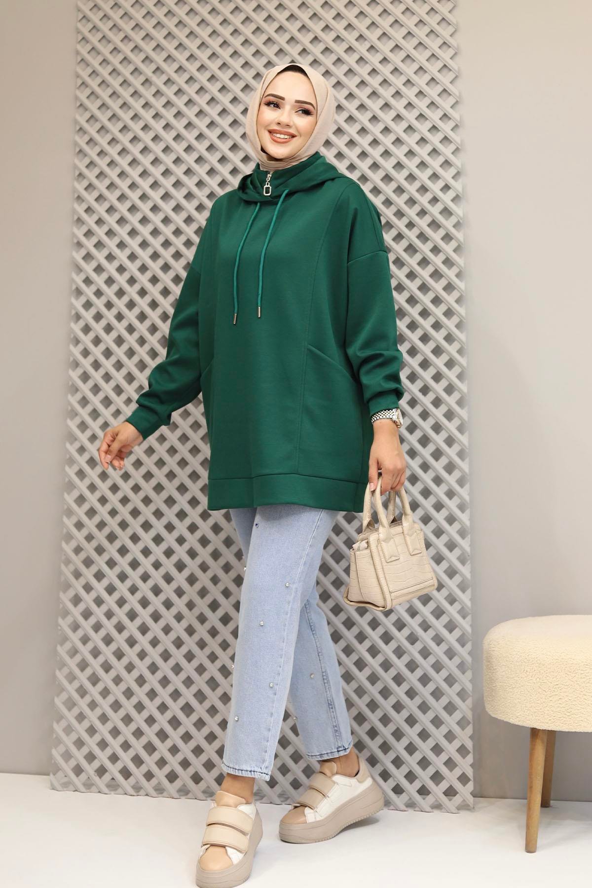 Torba Cep Detaylı Kapüşonlu Sweatshirt-ZÜMRÜT YEŞİL