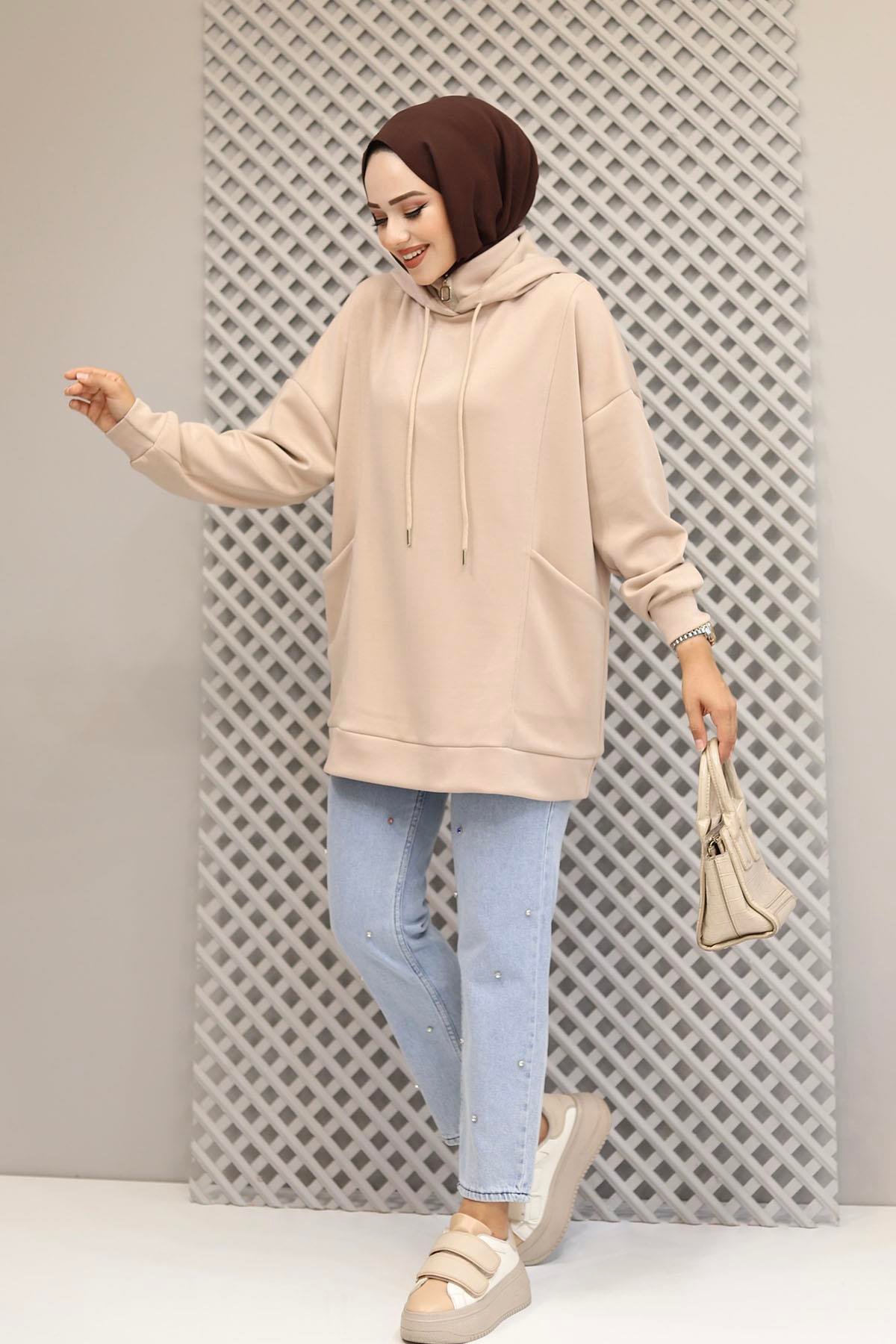 Torba Cep Detaylı Kapüşonlu Sweatshirt-TAŞ