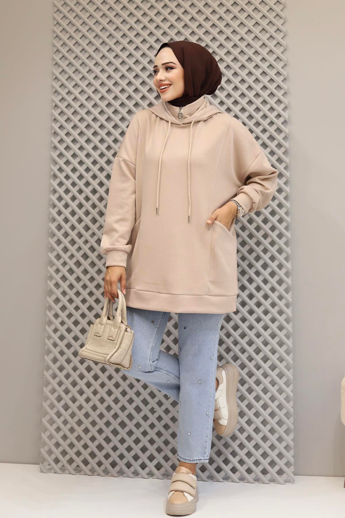 Torba Cep Detaylı Kapüşonlu Sweatshirt-TAŞ