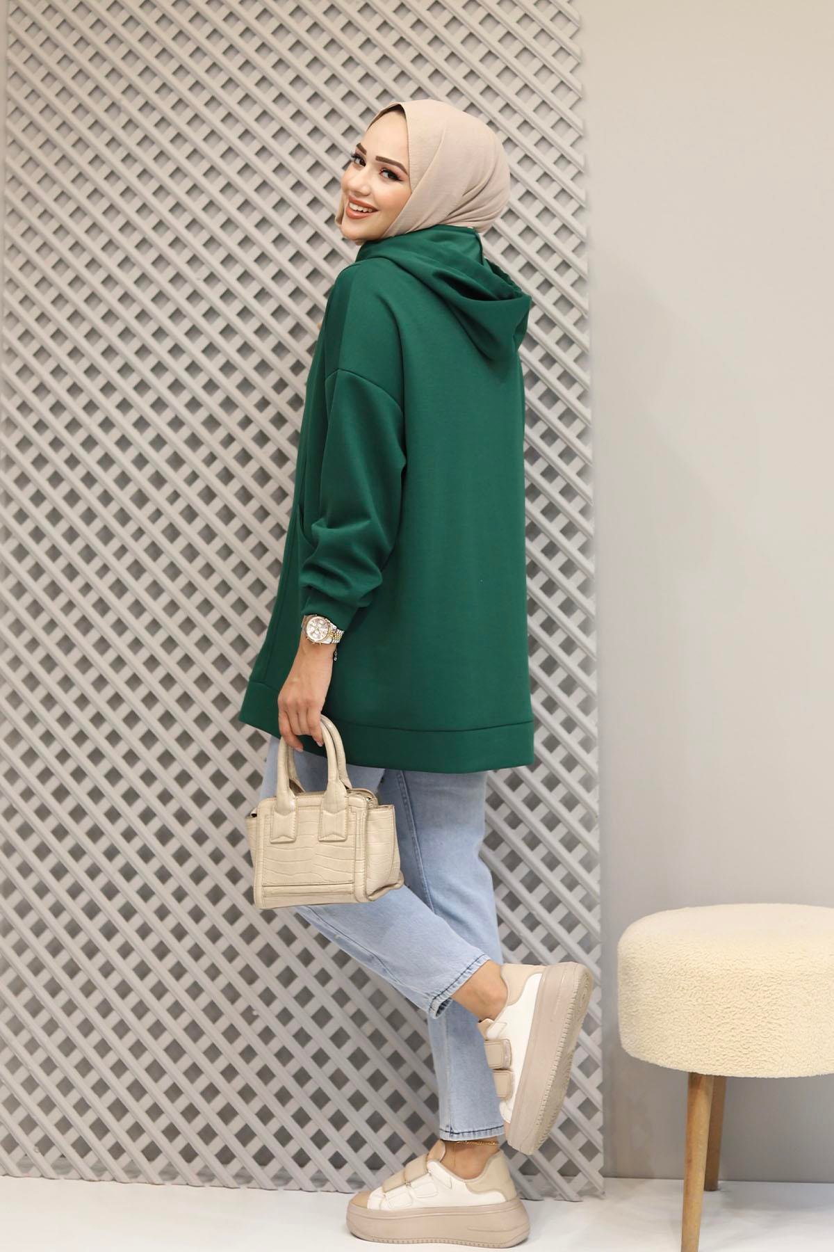 Torba Cep Detaylı Kapüşonlu Sweatshirt-ZÜMRÜT YEŞİL