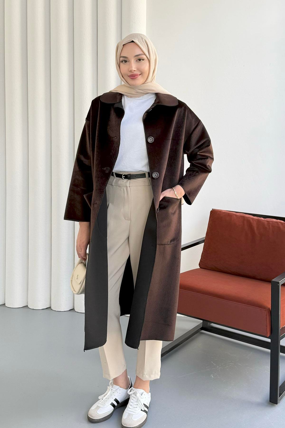 Torba Cepli Bebe Yaka Oversize Kaban-KAHVERENGİ