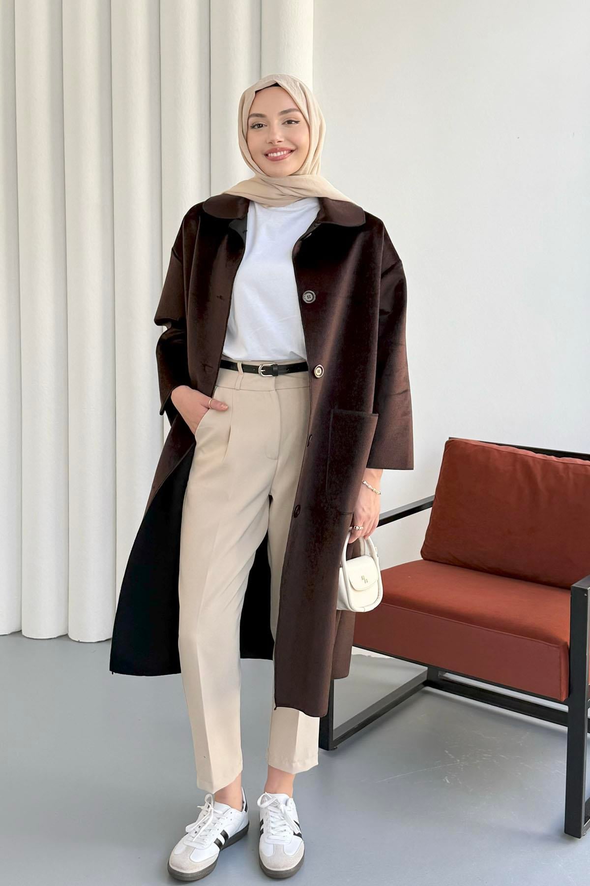 Torba Cepli Bebe Yaka Oversize Kaban-KAHVERENGİ