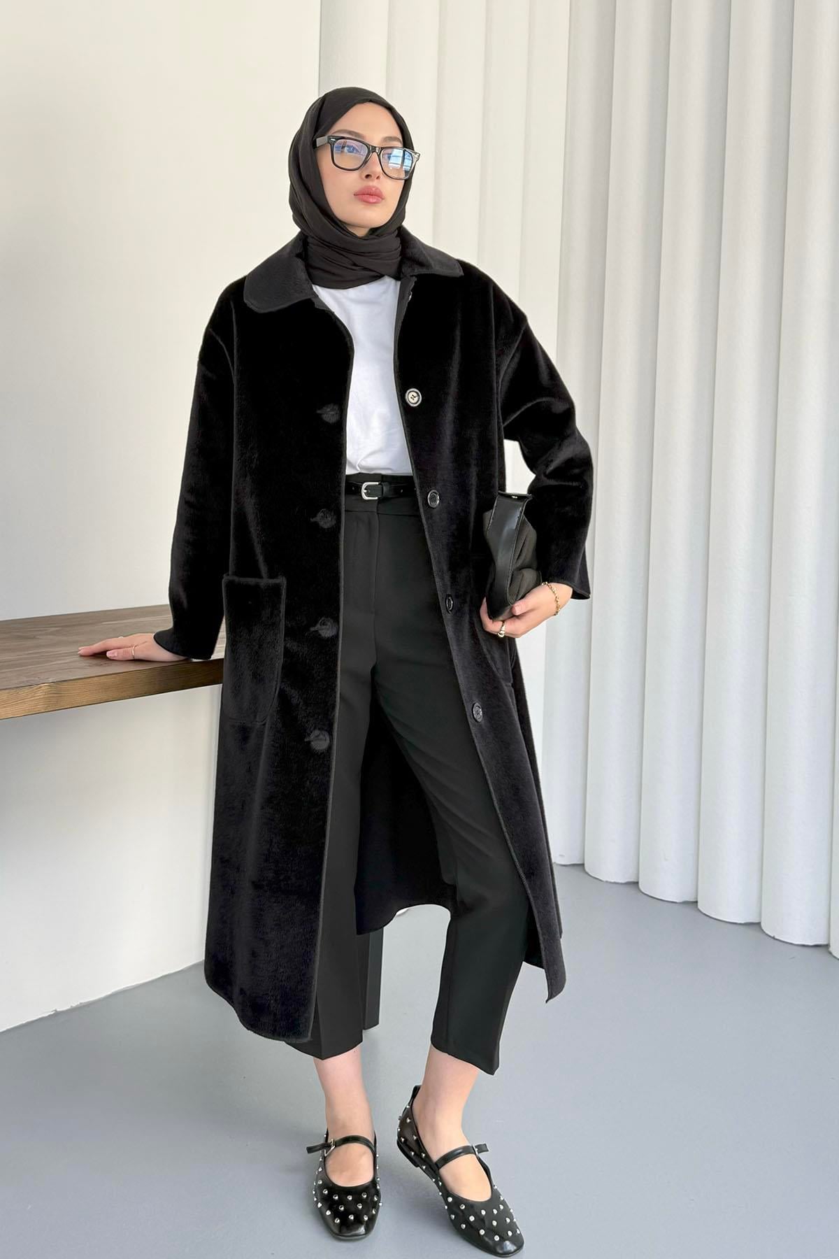 Torba Cepli Bebe Yaka Oversize Kaban-SİYAH