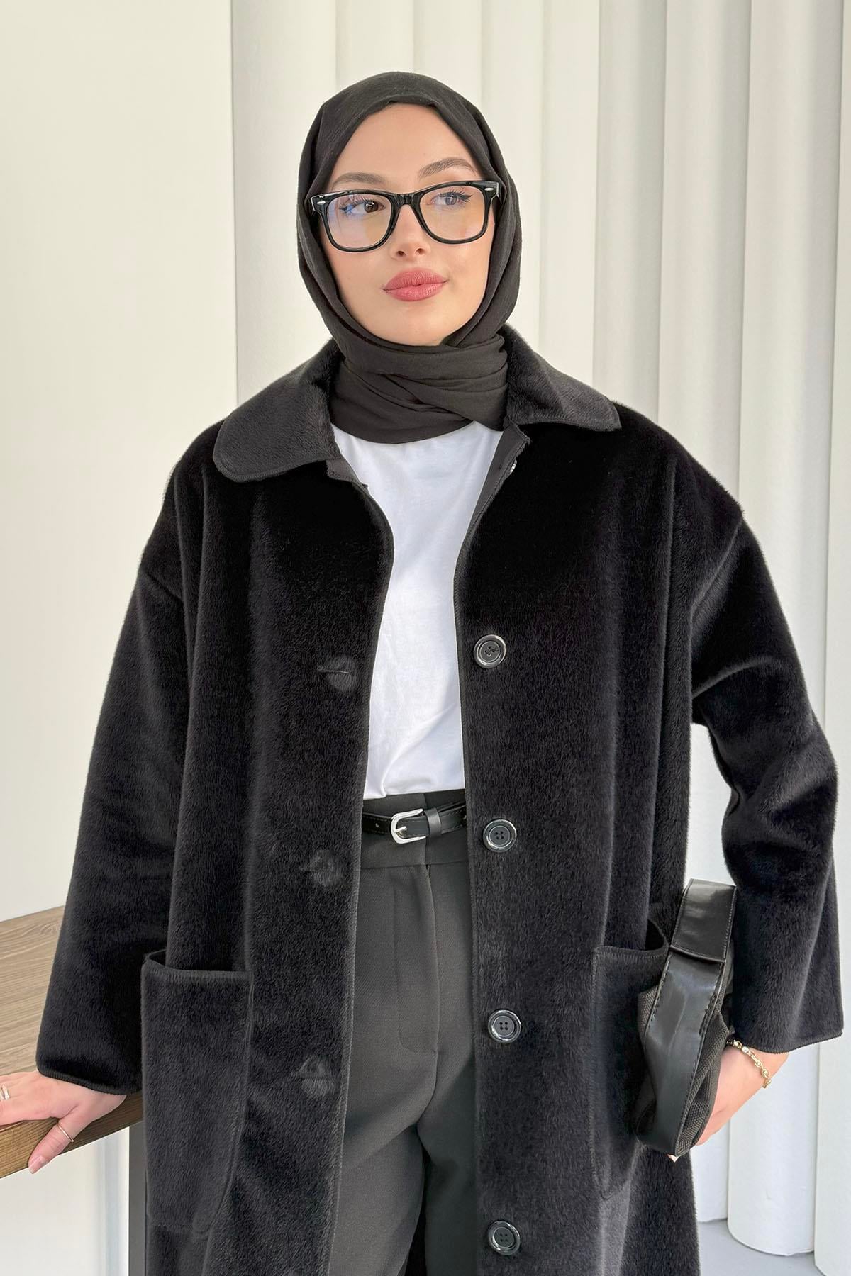 Torba Cepli Bebe Yaka Oversize Kaban-SİYAH