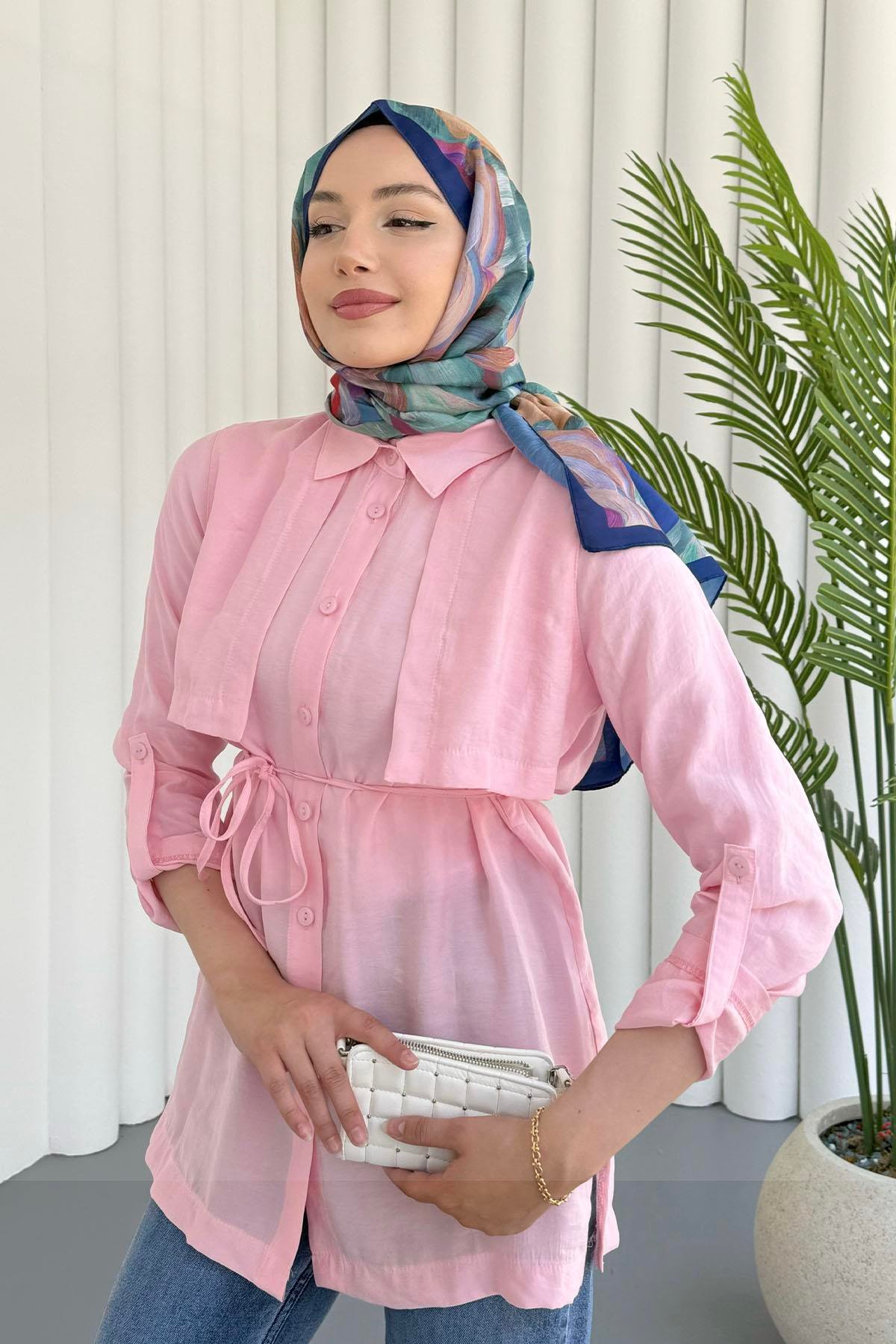 Trenç Görünümlü Tensel Tesettür Gömlek-PEMBE