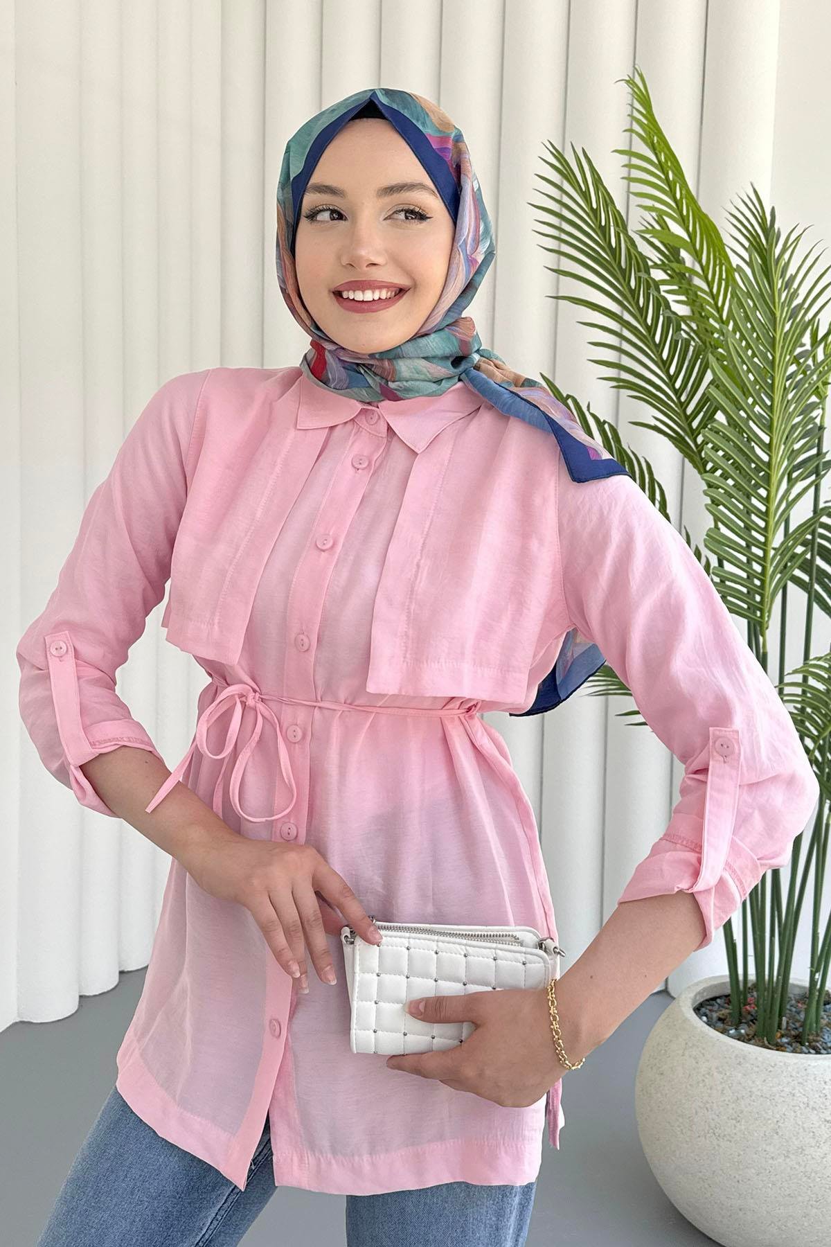 Trenç Görünümlü Tensel Tesettür Gömlek-PEMBE