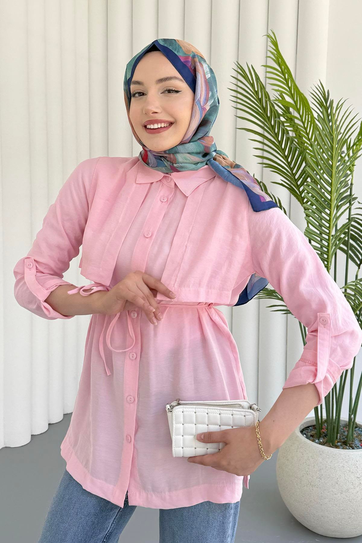 Trenç Görünümlü Tensel Tesettür Gömlek-PEMBE