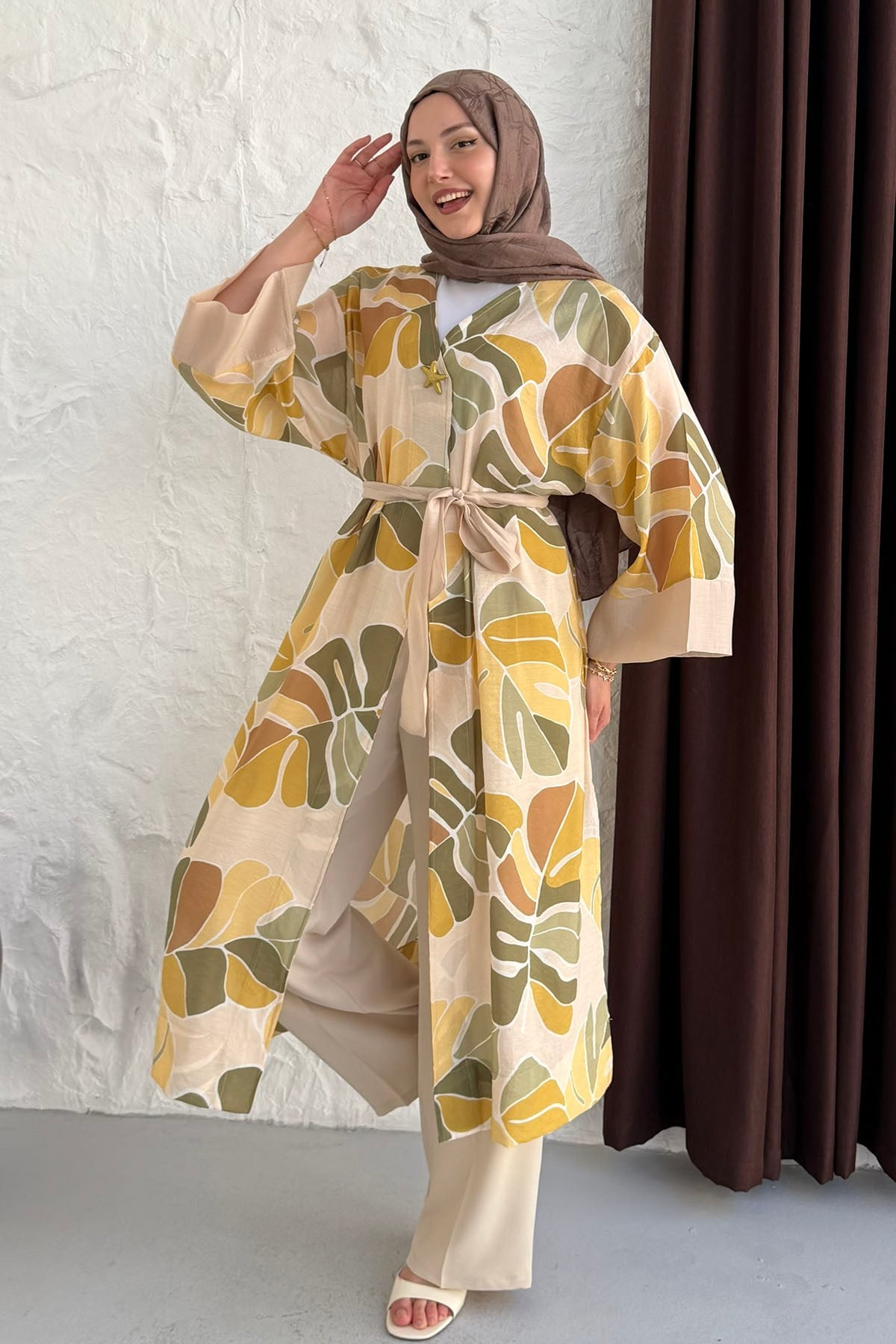 Tropik Yaprak Desenli Kimono-SARI