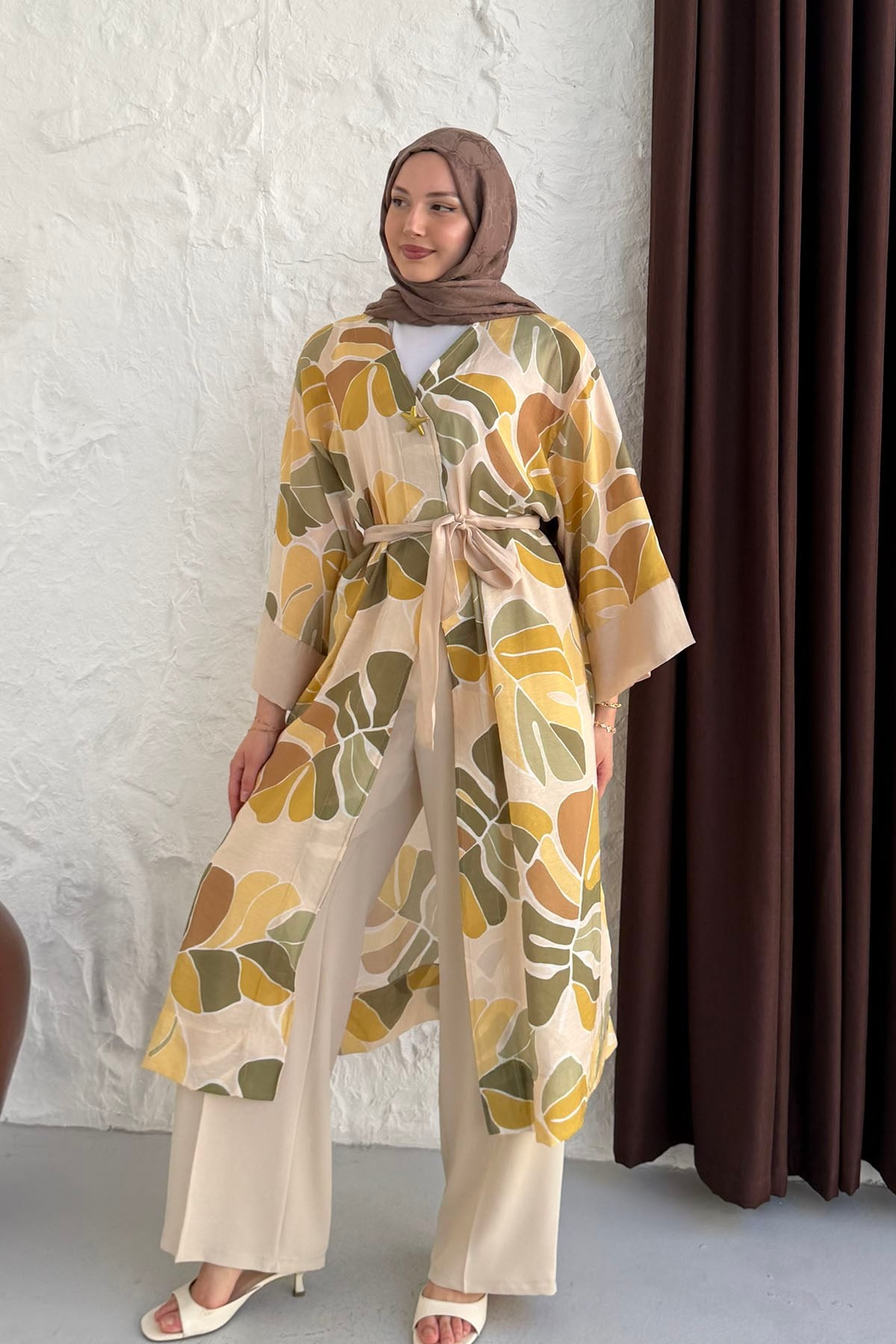 Tropik Yaprak Desenli Kimono-SARI