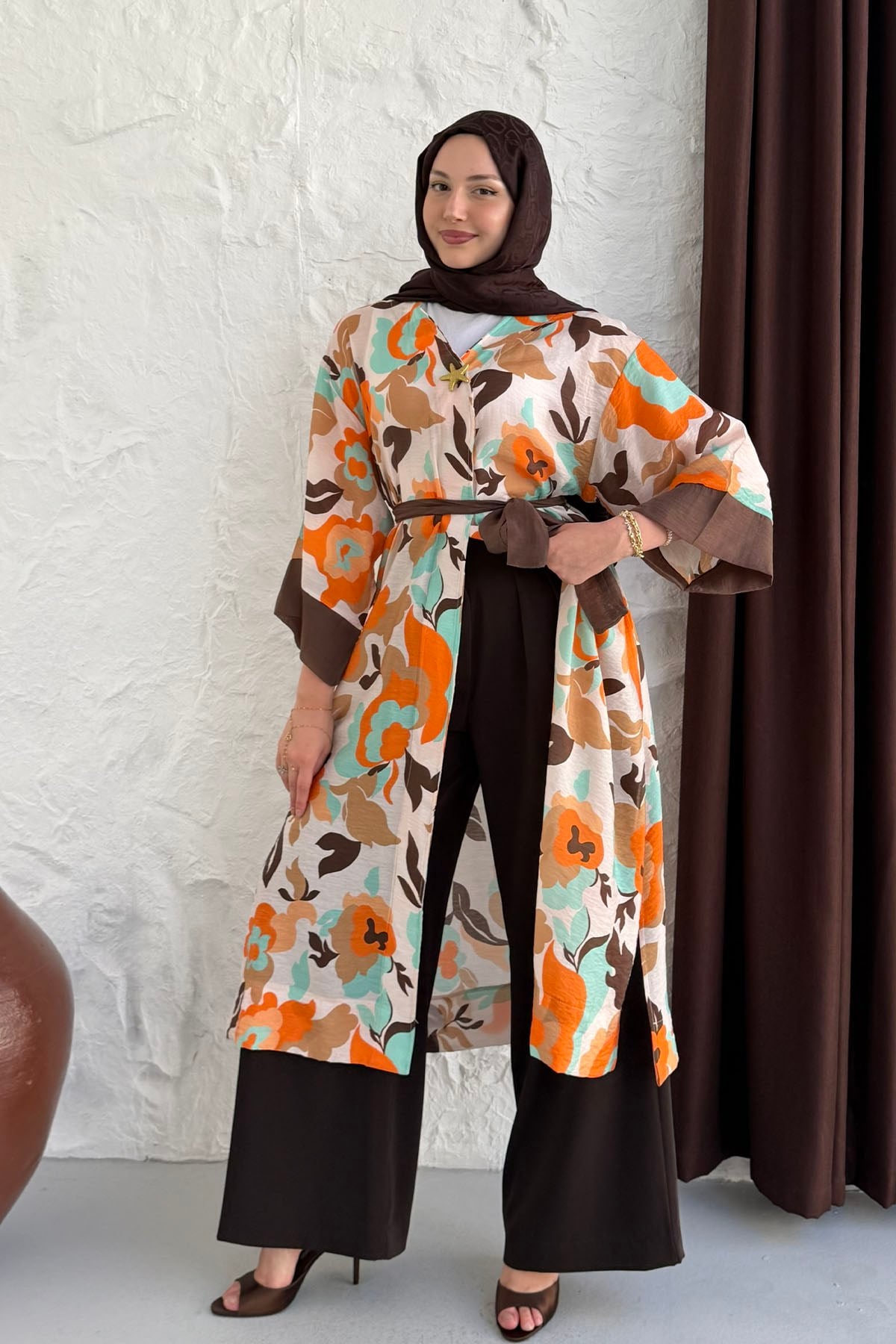 Tropik Yaprak Desenli Kimono-SU YEŞİLİ
