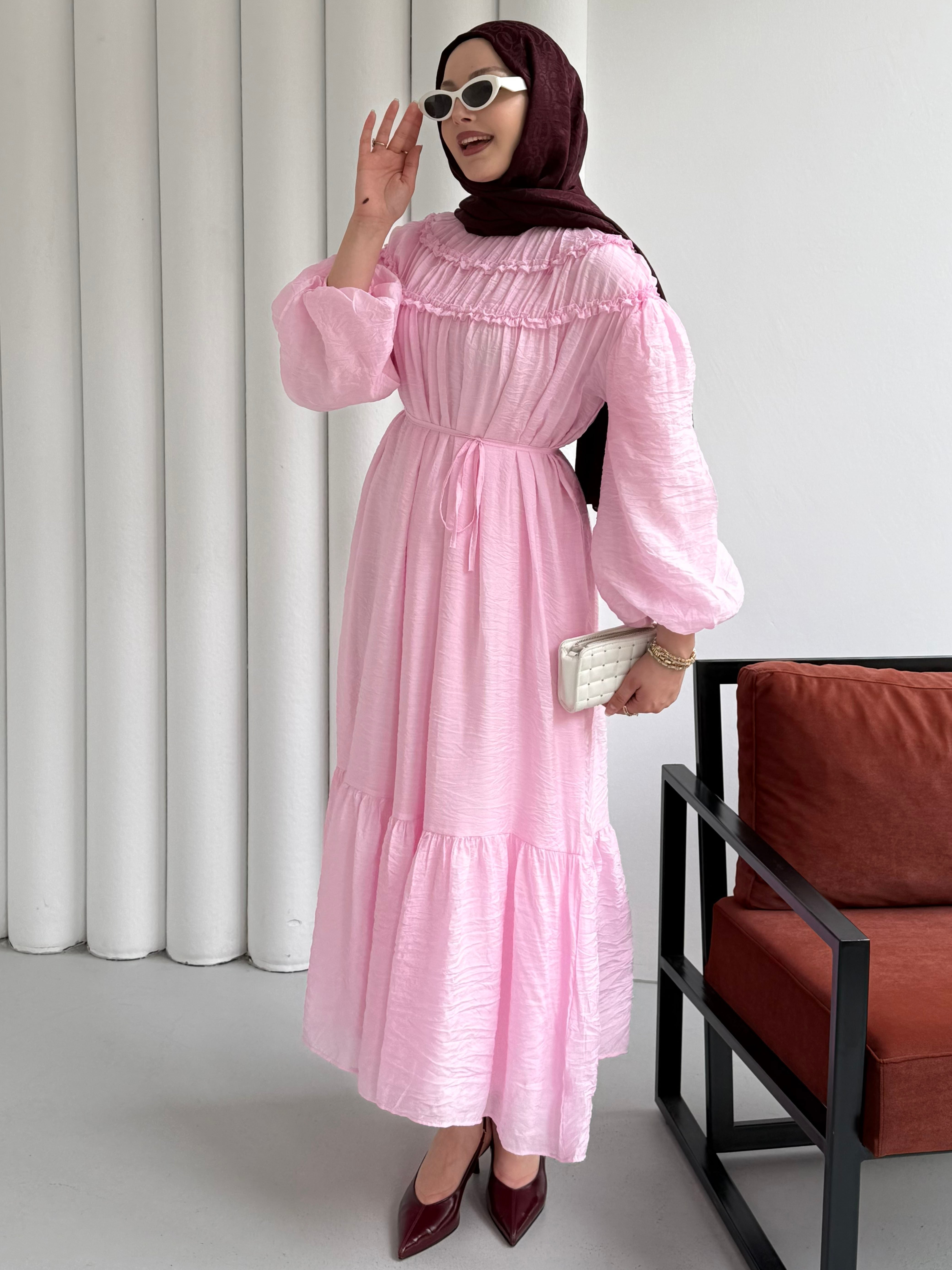 Tül Modal Doku Biye Kemerli Tesettür Elbise-PEMBE