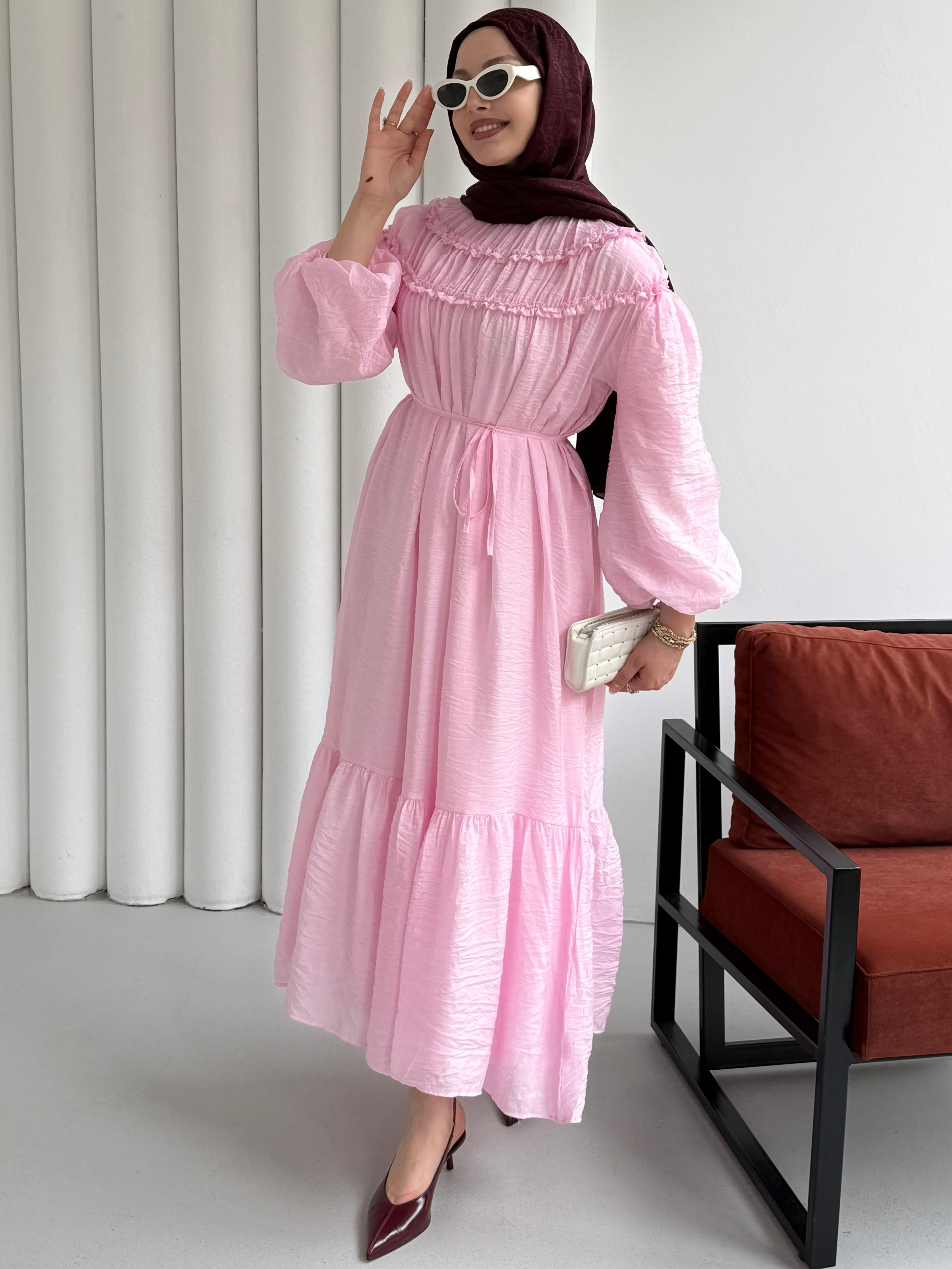 Tül Modal Doku Biye Kemerli Tesettür Elbise-PEMBE