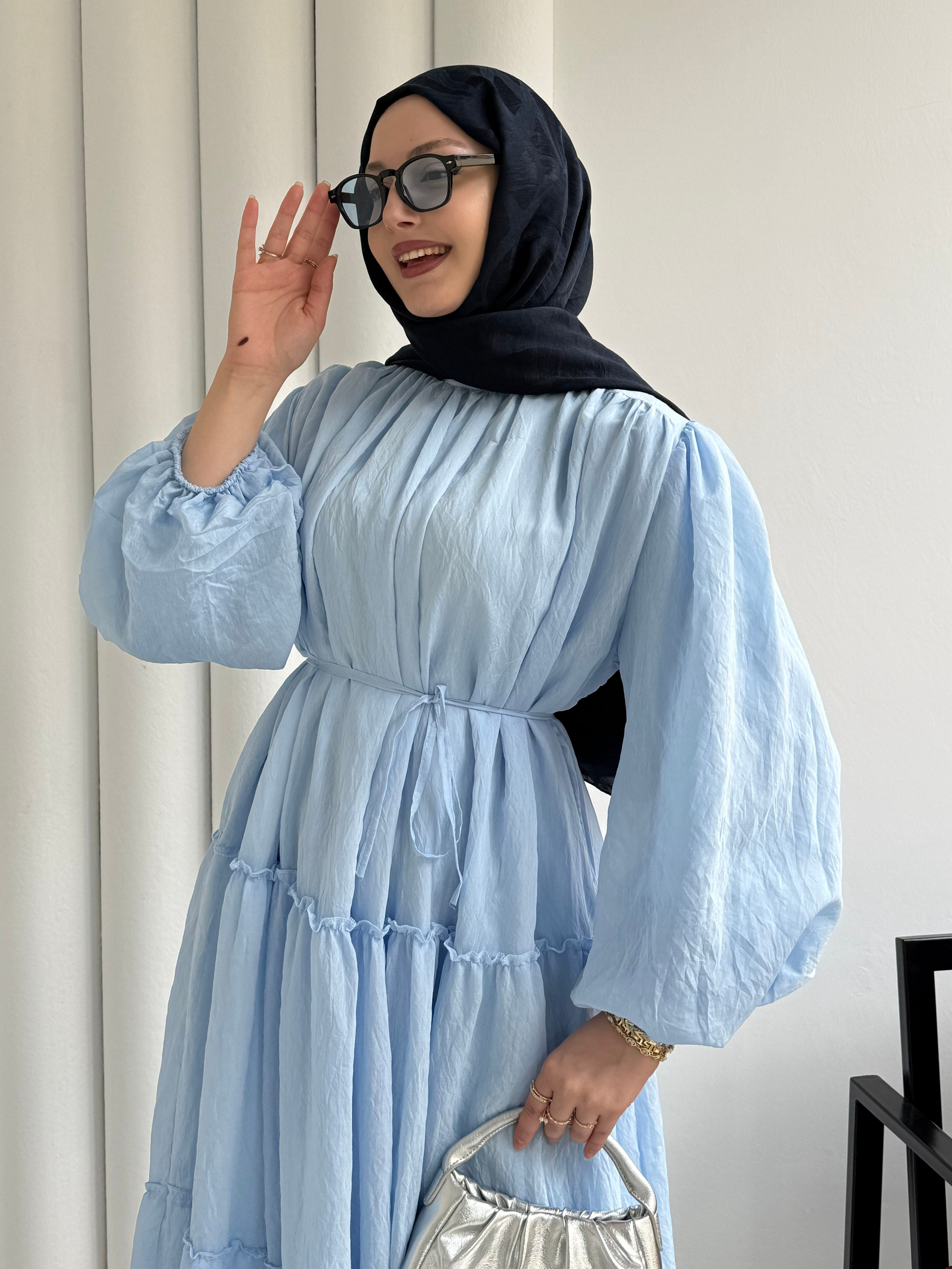 Tül Modal Kumaş Kat Katlı Tesettür Elbise-MAVİ