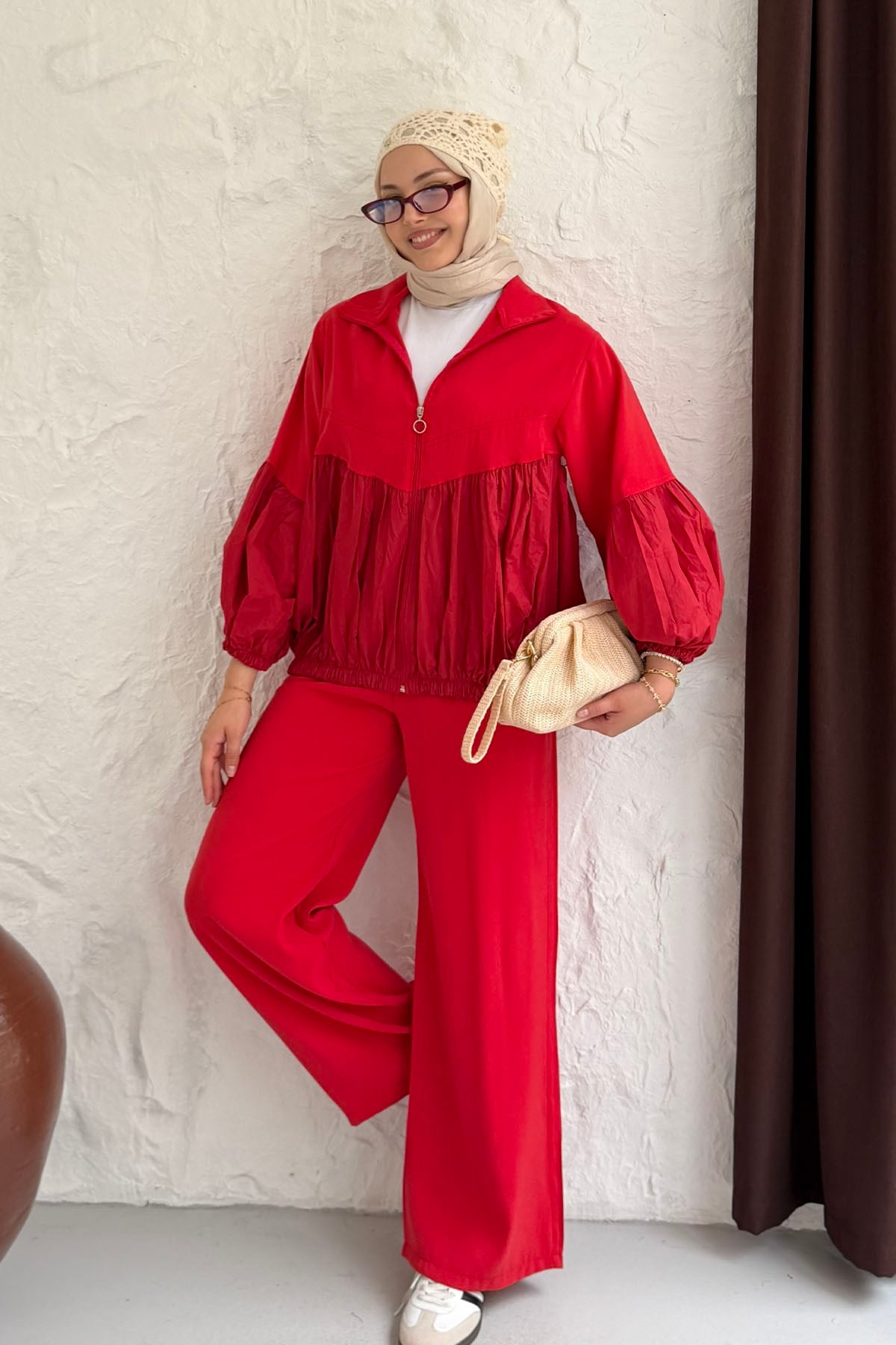 Üst Fermuarlı Balon Kol Peplum Tesettür Takım-KIRMIZI