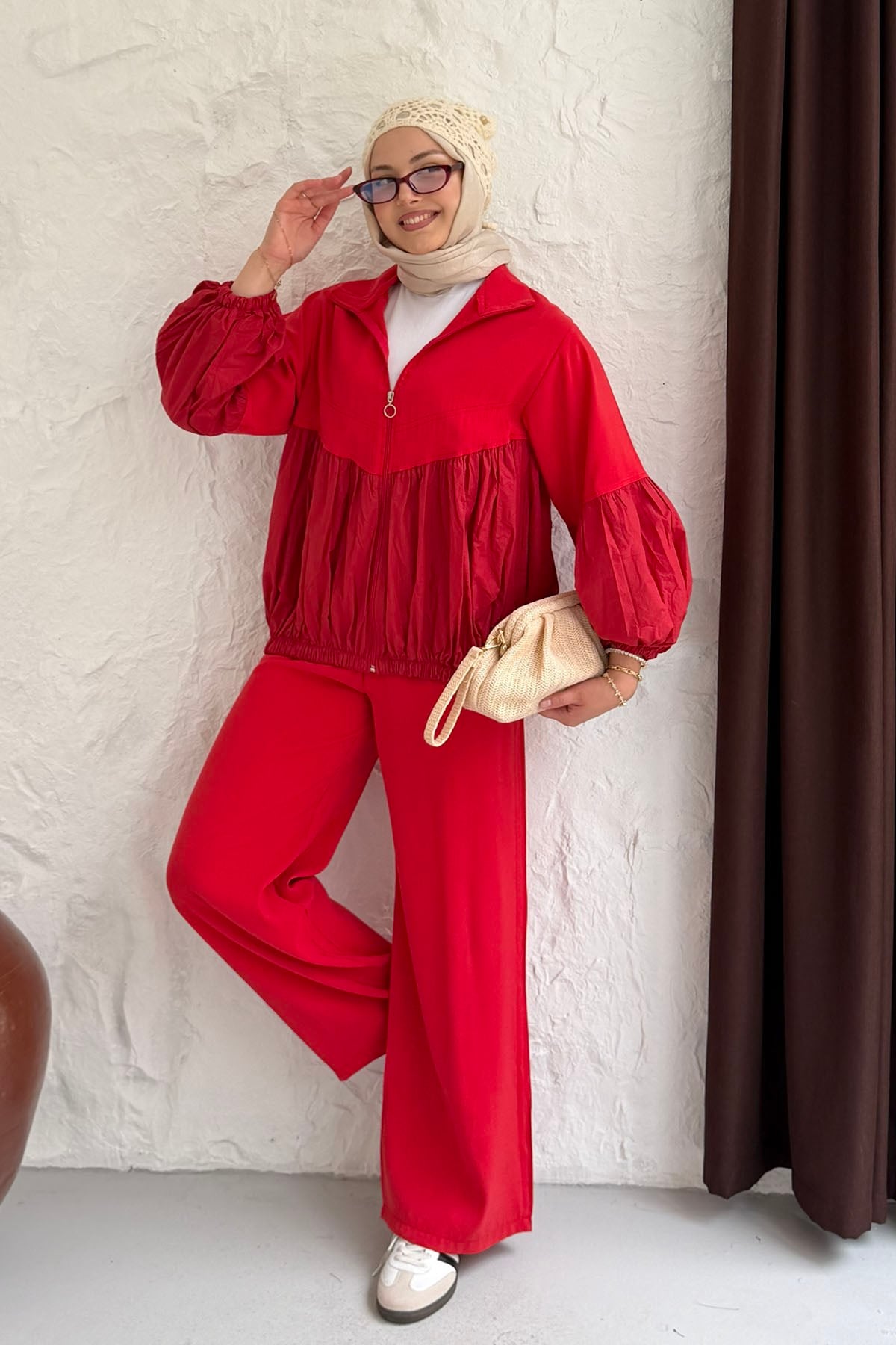 Üst Fermuarlı Balon Kol Peplum Tesettür Takım-KIRMIZI