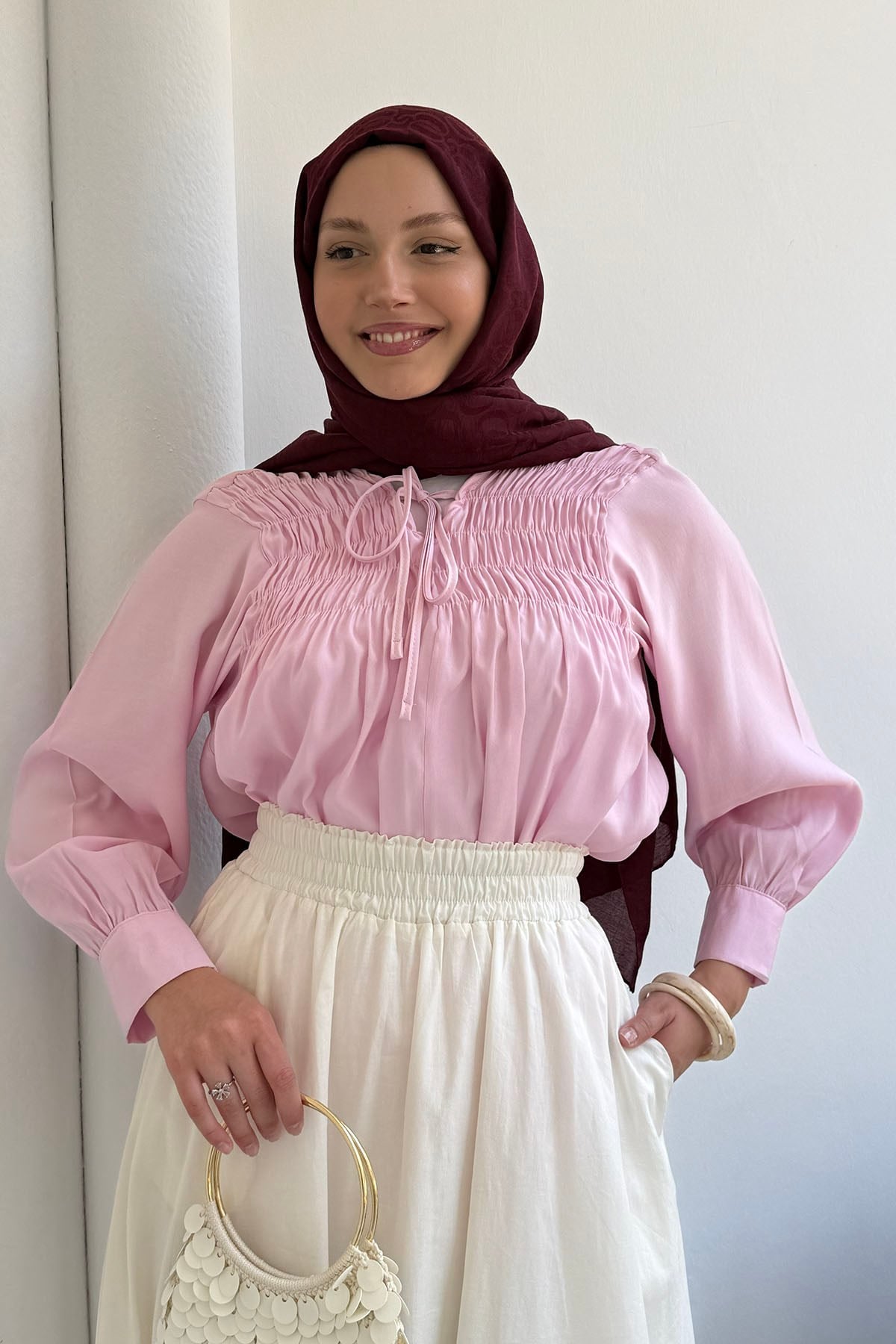 Yaka Bağçıklı Göğüs Büzgü Detaylı Gömlek-PEMBE