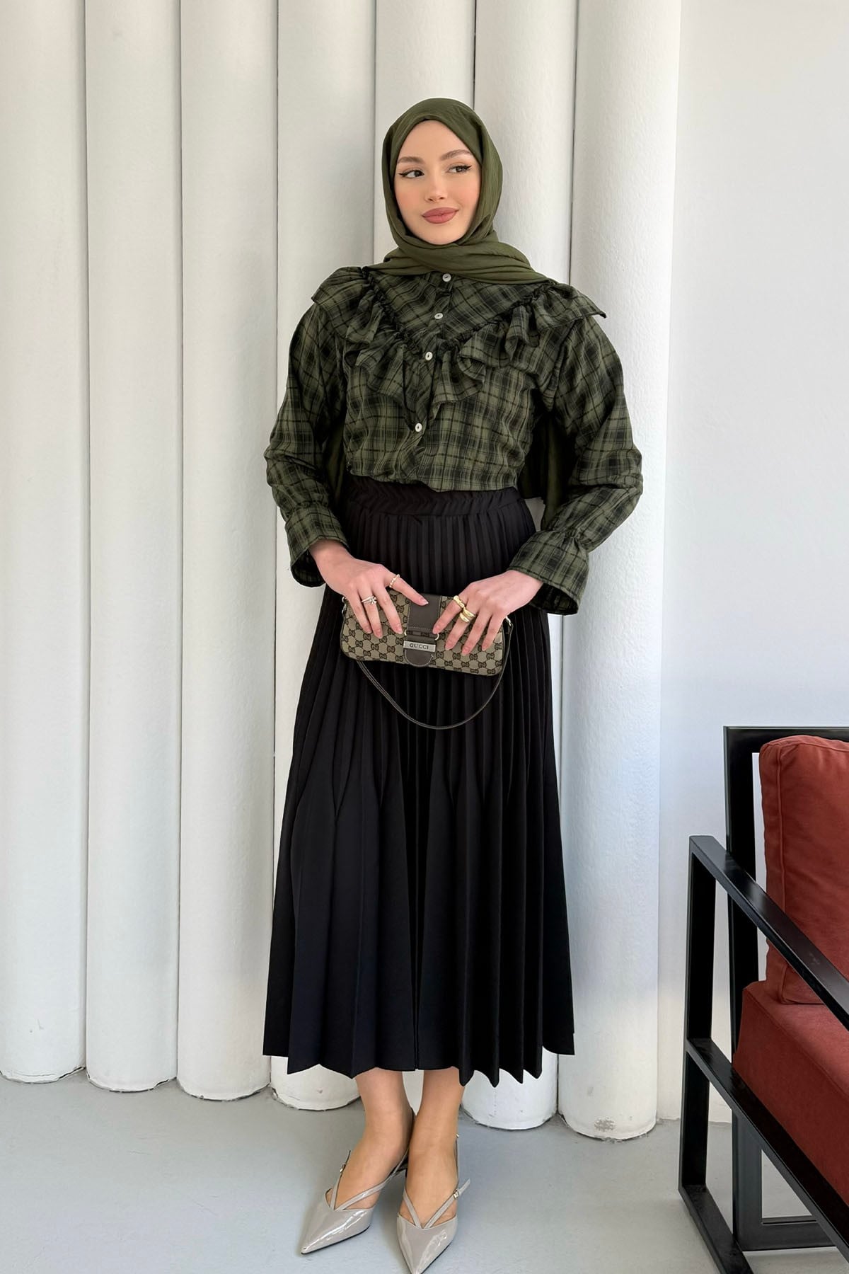 Yakası Fırfırlı Ekose Gömlek-YEŞİL