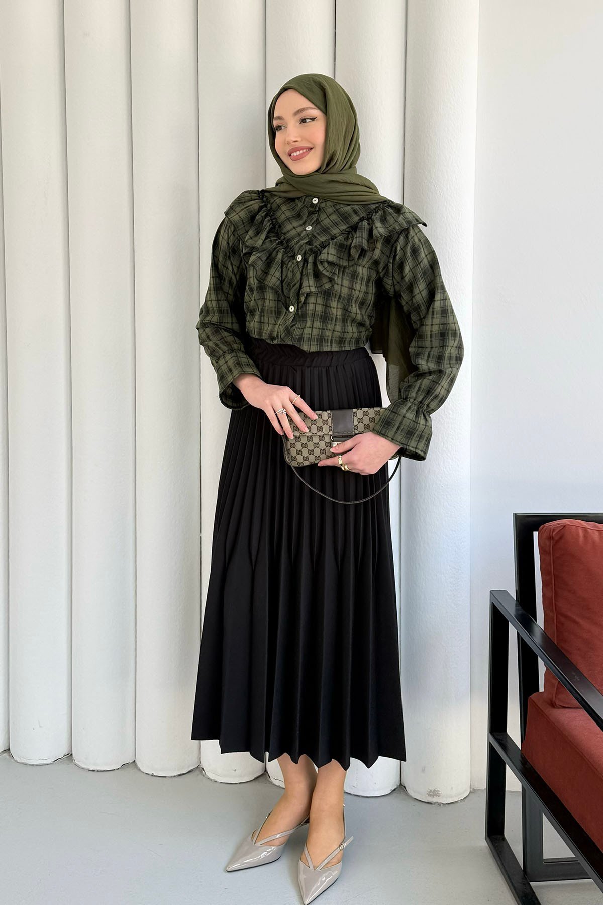 Yakası Fırfırlı Ekose Gömlek-YEŞİL